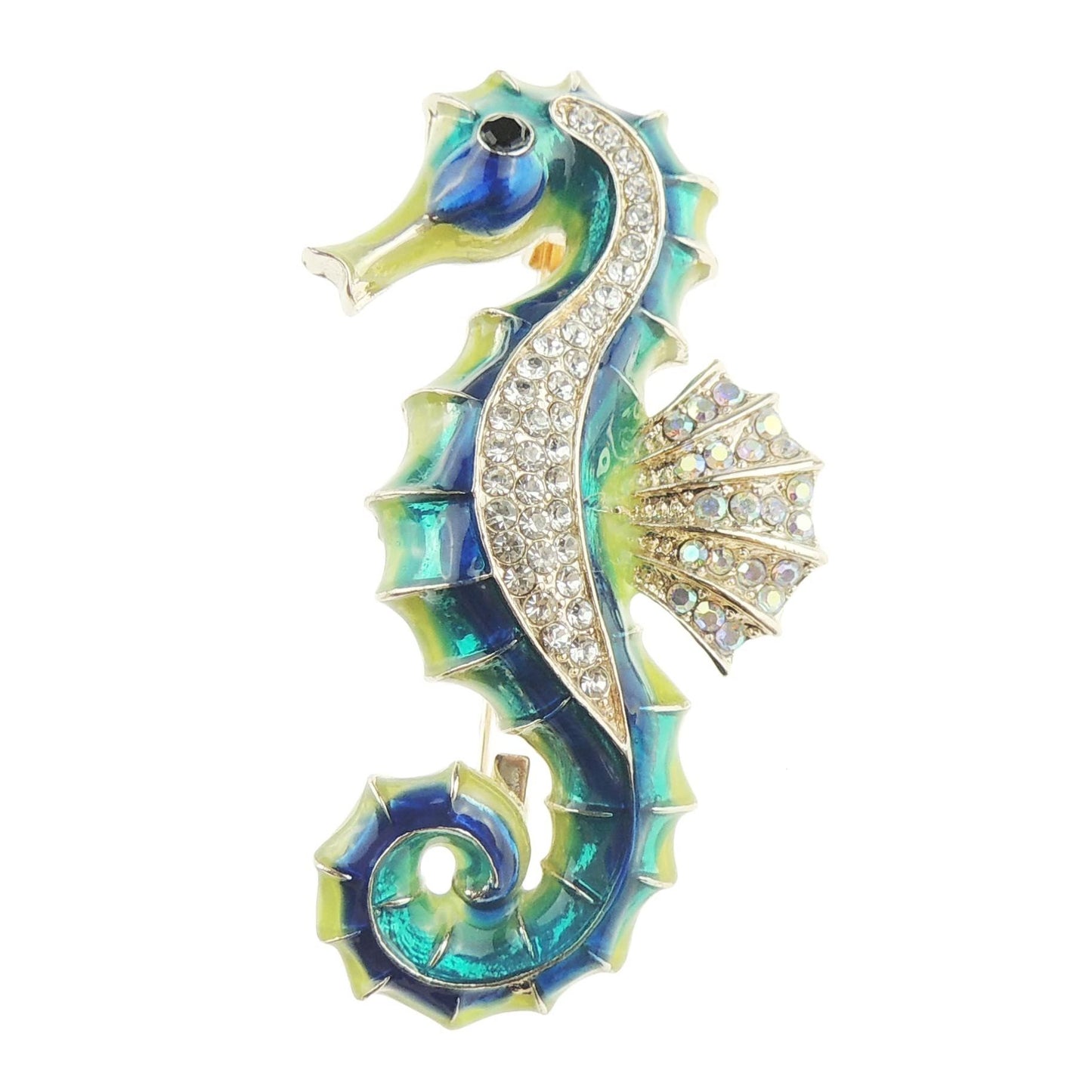 Sparkly Womens Bridal Wedding Christmas Party Birthday Gift Saree Scarf Diamante Crystal Brooch Badge Breastpin Corsage Pin Animal Seahorse Fish Gold Tone Sea Horse Enamel Turquoise Navy