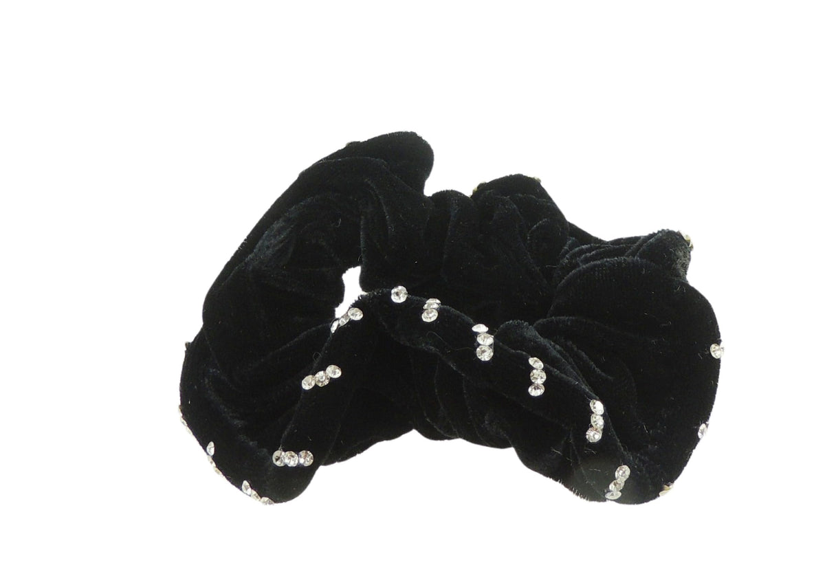Womens Girls Velvet Beaded Faux Crystal Fabric Evening Christmas Birthday Bridal Wedding Bridesmaid Party Scrunchie Ponio Hair Tie Up Back Elastic Bobbles Ponytail Holder Rubber Bands Black
