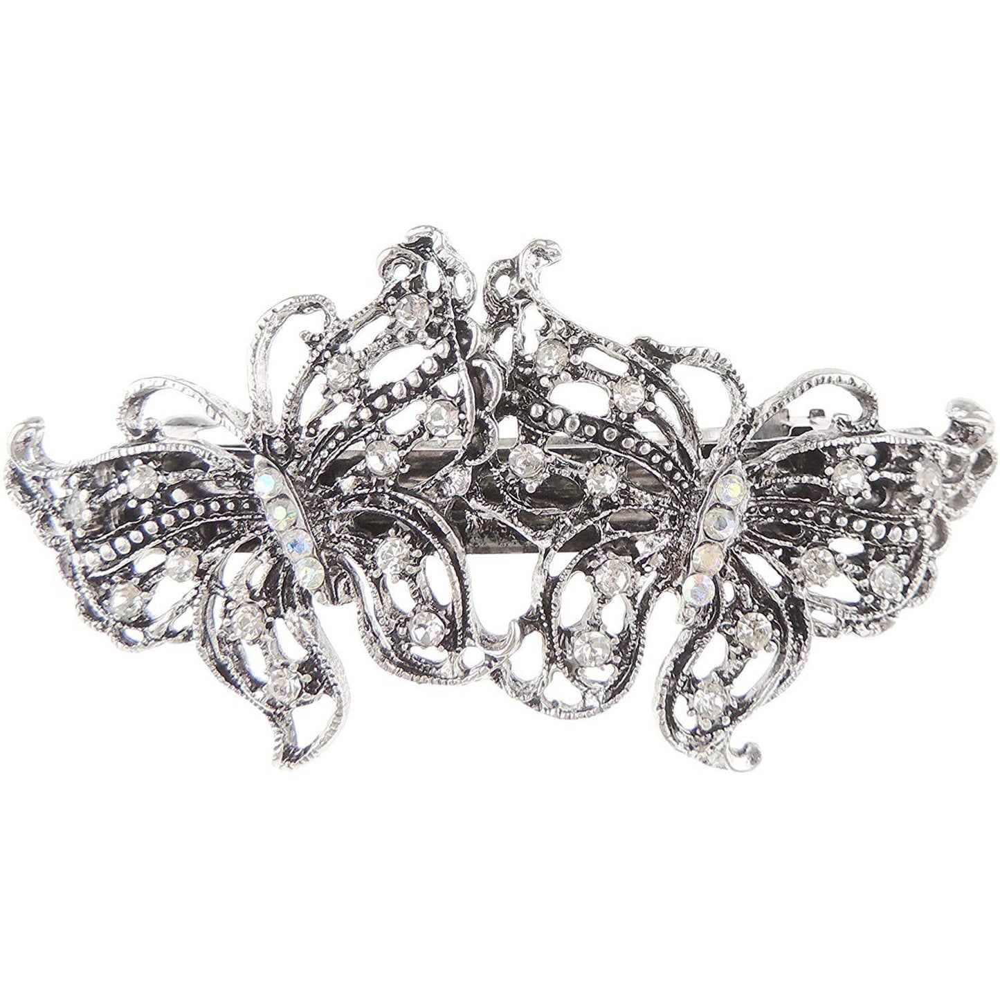 Womens Girls Crystal Rhinestone Diamante Wedding Birthday Party Evening Ponytail Fine Medium Hair Accessories Occasion Barrette Hairpin Grip French Spring Clip VIntage Silver Tone Butterfly