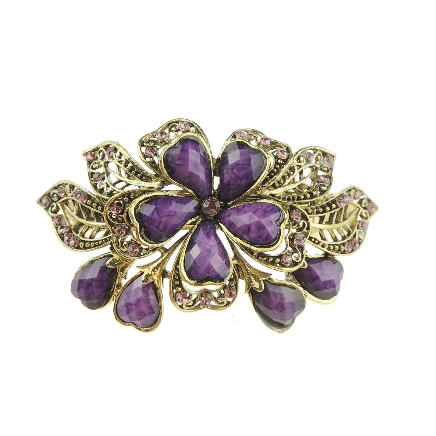 Womens Girls Diamante Crystal Stone Wedding Birthday Party Bridal Wedding Ponytail Fine Medium Hair Accessories Occasion Barrette Hairpin Grip French Spring Clip Vintage Look Gold Tone Metal Floral Rose