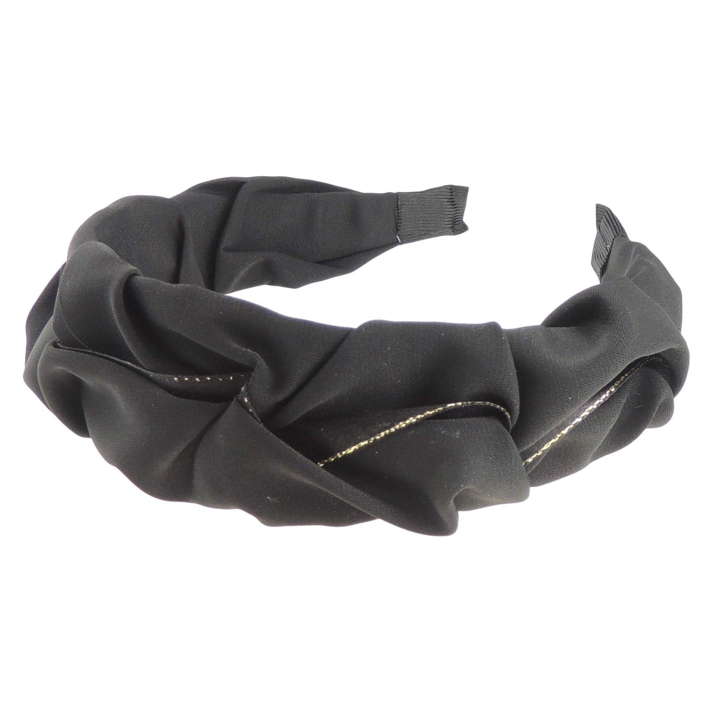 Womens Black Gold Trim Rouched Gathered Wide Covered Headband Winter Evening Wedding Party Birthday Bridal Christmas Birthday Bridesmaid Alice Band Hair Accessories Hairband Gift Idea (Black)
