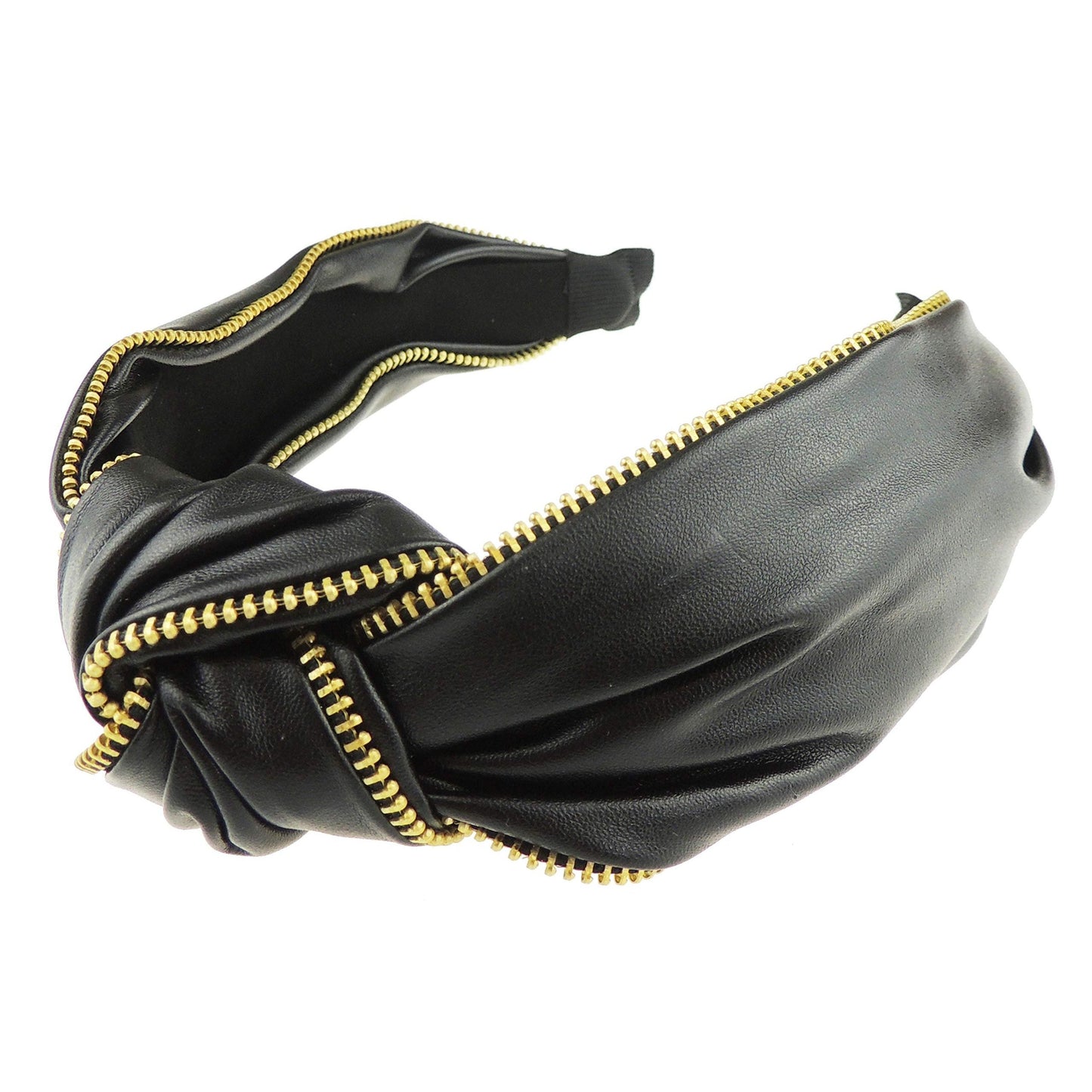 Ladies Girls Elegant Leather Look Funky Retro Zipper Trim Top Knot Headband Alice Band (Black Gold Zip)