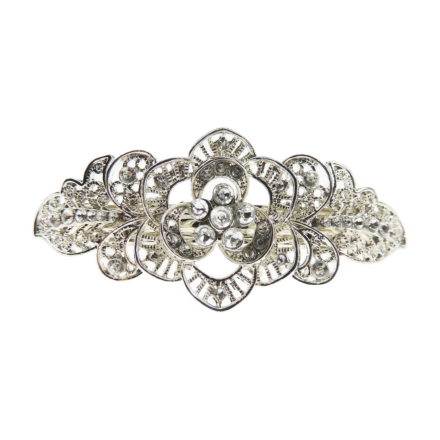 Womens Girls Diamante Crystal Stone Wedding Birthday Party Bridal Wedding Ponytail Fine Medium Hair Accessories Occasion Barrette Hairpin Grip French Spring Clip Vintage Look Silver Tone Metal Floral Rose