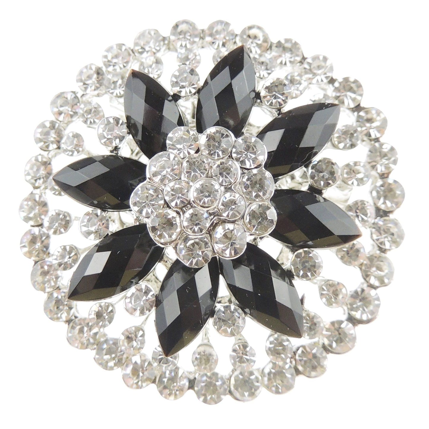 Womens Sparkly Silver Tone Modern Art Deco Black SIlver Tone Jeweled Wedding Christmas Birthday Gift Scarf Diamante Crystal Brooch Badge Breastpin Corsage Pin Cameo Boxed