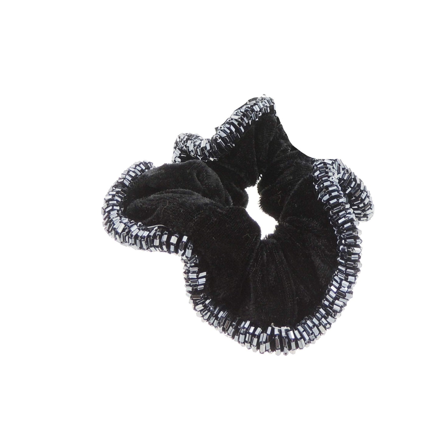 Womens Girls Black Velvet Beaded Fabric Evening Christmas Birthday Bridal Wedding Bridesmaid Party Ponio Hair Tie Up Back Elastic Accessories Bobbles Ponytail Holder Rubber Bands Scrunchie Grey Beads