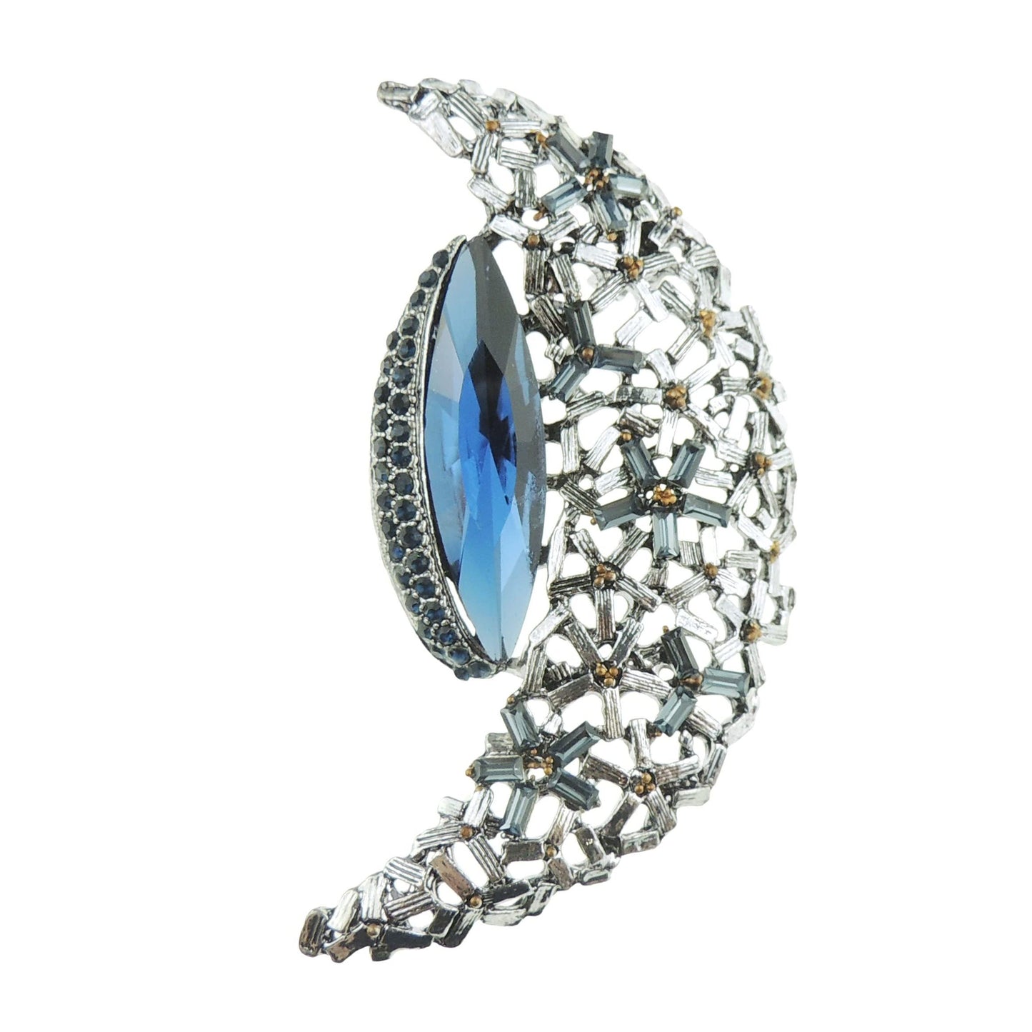 Sparkly Womens Wedding Christmas Birthday Coat Scarf Coat Jacket Shawl Mother Groom Bride Diamante Crystal Rhinestone Brooch Badge Breastpin Pin Gift Silver Tone Half Moon Light Navy