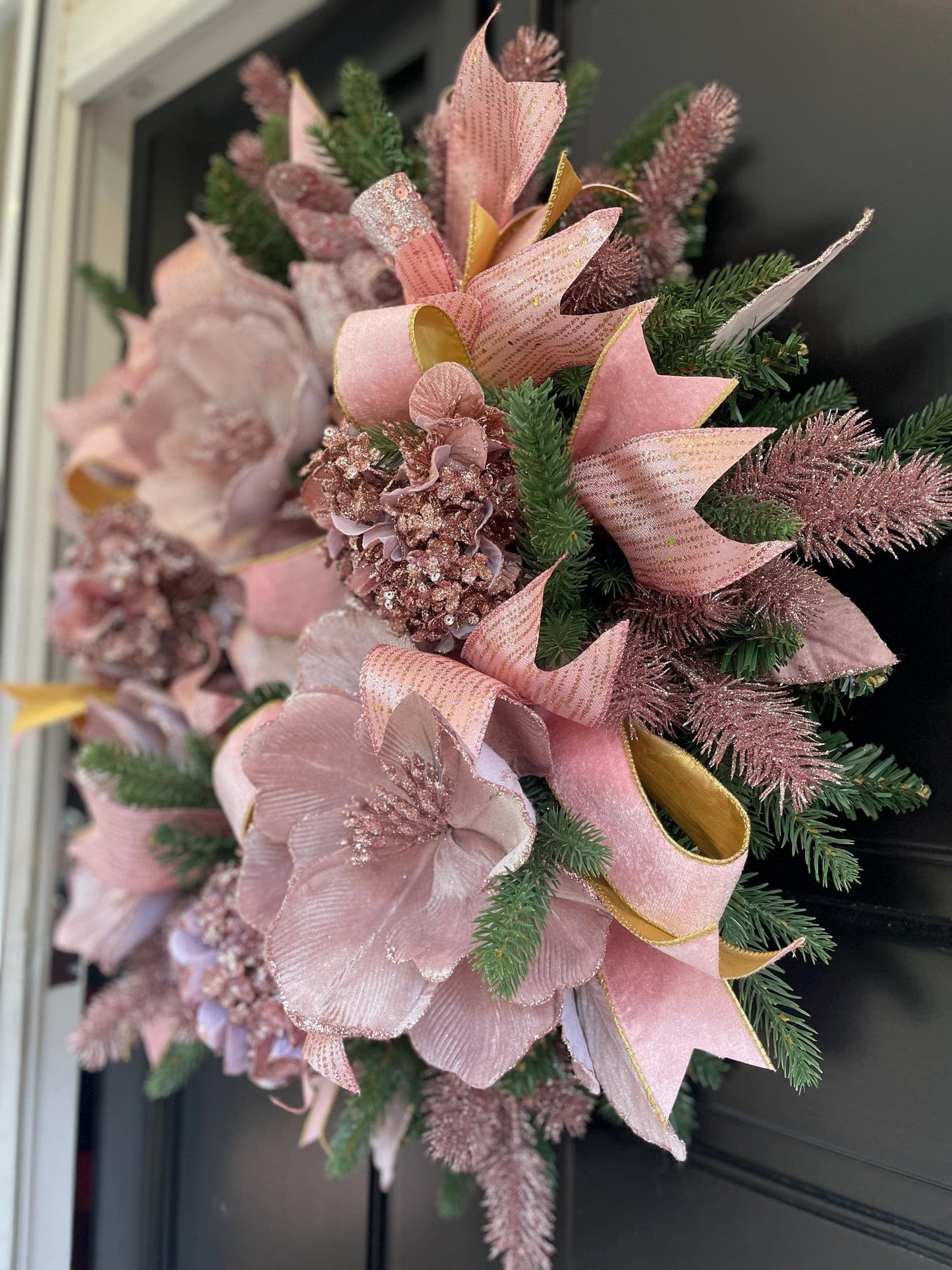 Luxury Blush Pink Christmas Wreath | Elegant Velvet Magnolia Front Door Wreath | 60cm (24")