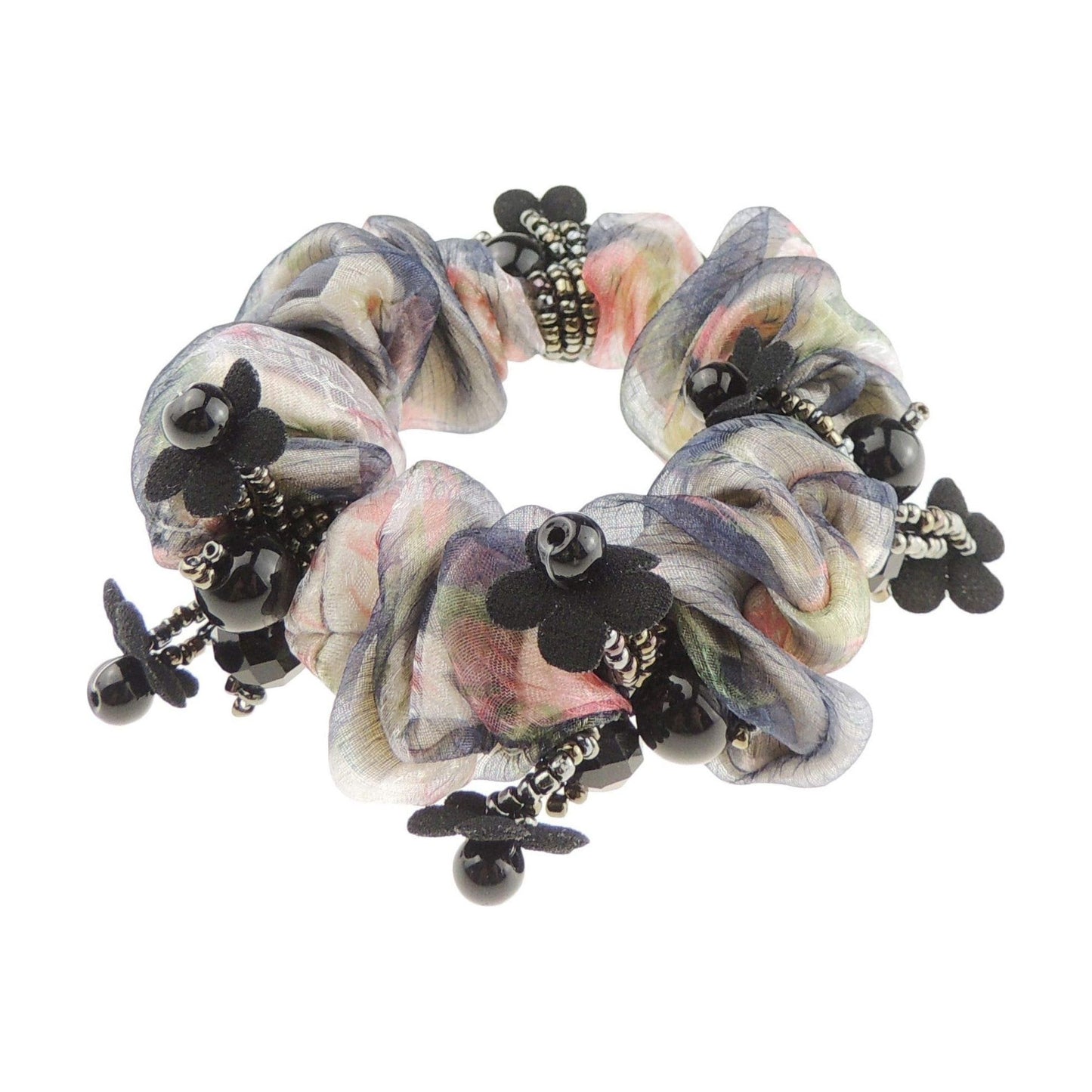 Womens Girls Essential Chiffon Beaded Floral Fabric Sleep Christmas Birthday Bridal Wedding Bridesmaid Party Ponio Hair Tie Up Back Elastic Accessories Bobbles Ponytail Holder Rubber Bands Scrunchie