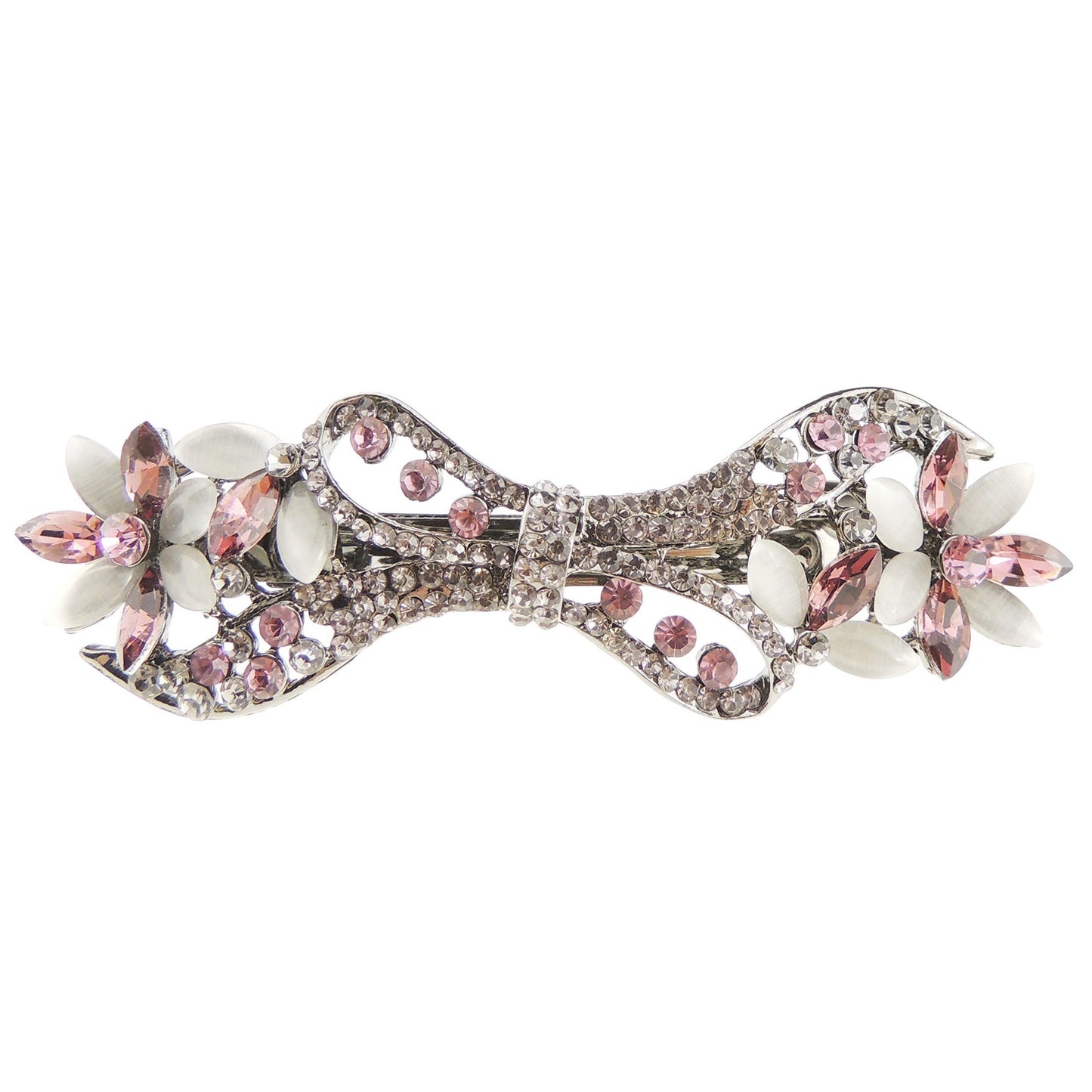 Womens Girls Crystal Rhinestone Diamante Wedding Birthday Party Evening Ponytail Fine Hair Accessories Occasion Barrette Hairpin Grip French Spring Clip 9cm Vintage Look Grey Bow Flower (Pink)