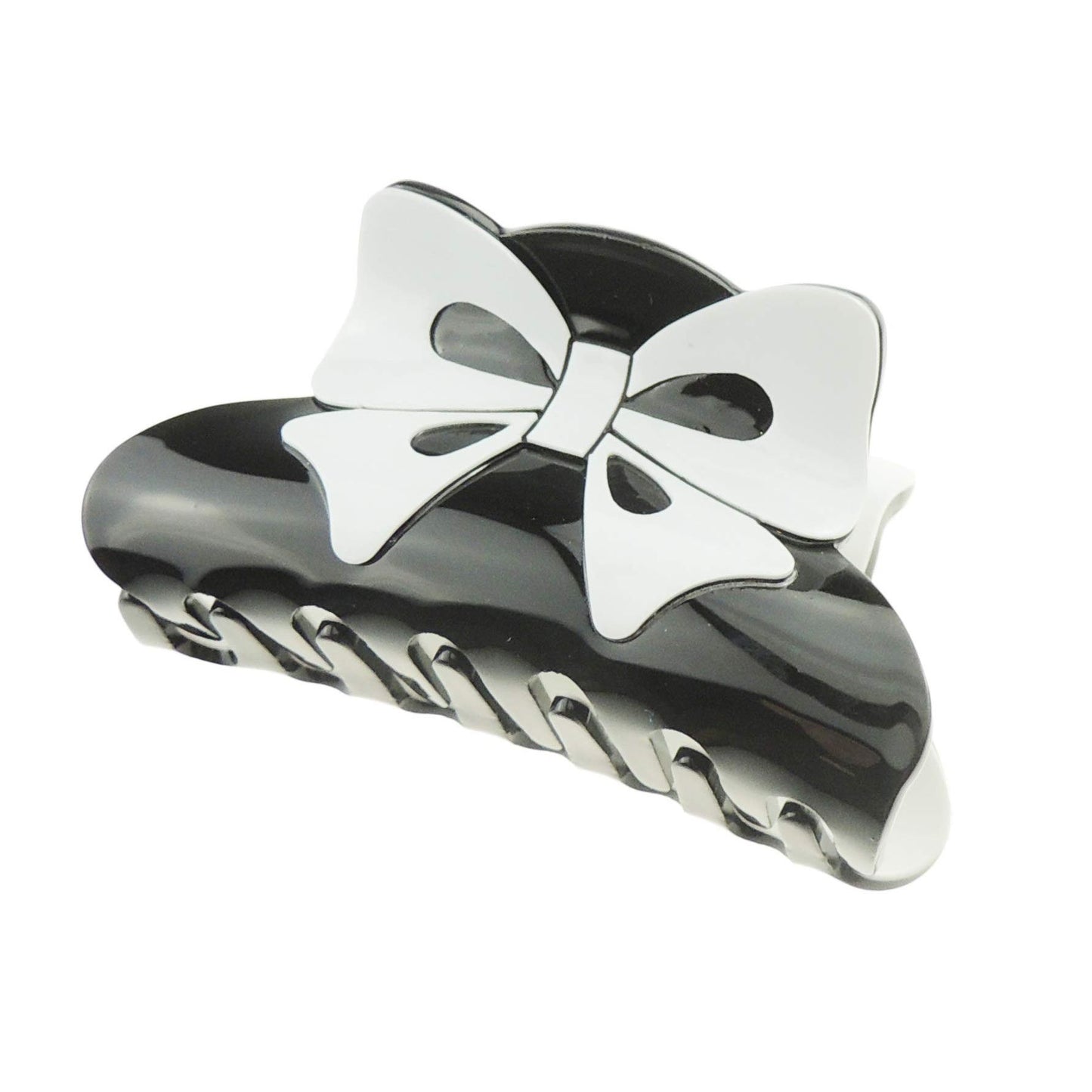 Strong Womens Girls Bulldog Wave Jaw Clip Octopus Clamp Grip Bridal Wedding Party Birthday Christmas Summer Styling Short Long Hair Claw Black White Print Bow Ribbon (Black White)