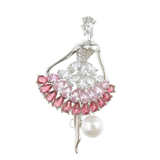 Ladies Beautiful Crystal Diamante Faux Pearl Ball Evening Lapel Brooch Dancing Lady Ballerina Tutu (Pink Silver Tone)