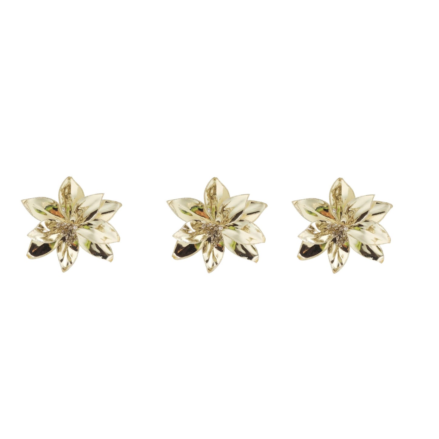 Set of 3 Metallic Gold Glitter Clip Poinsettia Flower Christmas Tree Floral Pick Ornament Xmas Decor Garland Wreath Decoration
