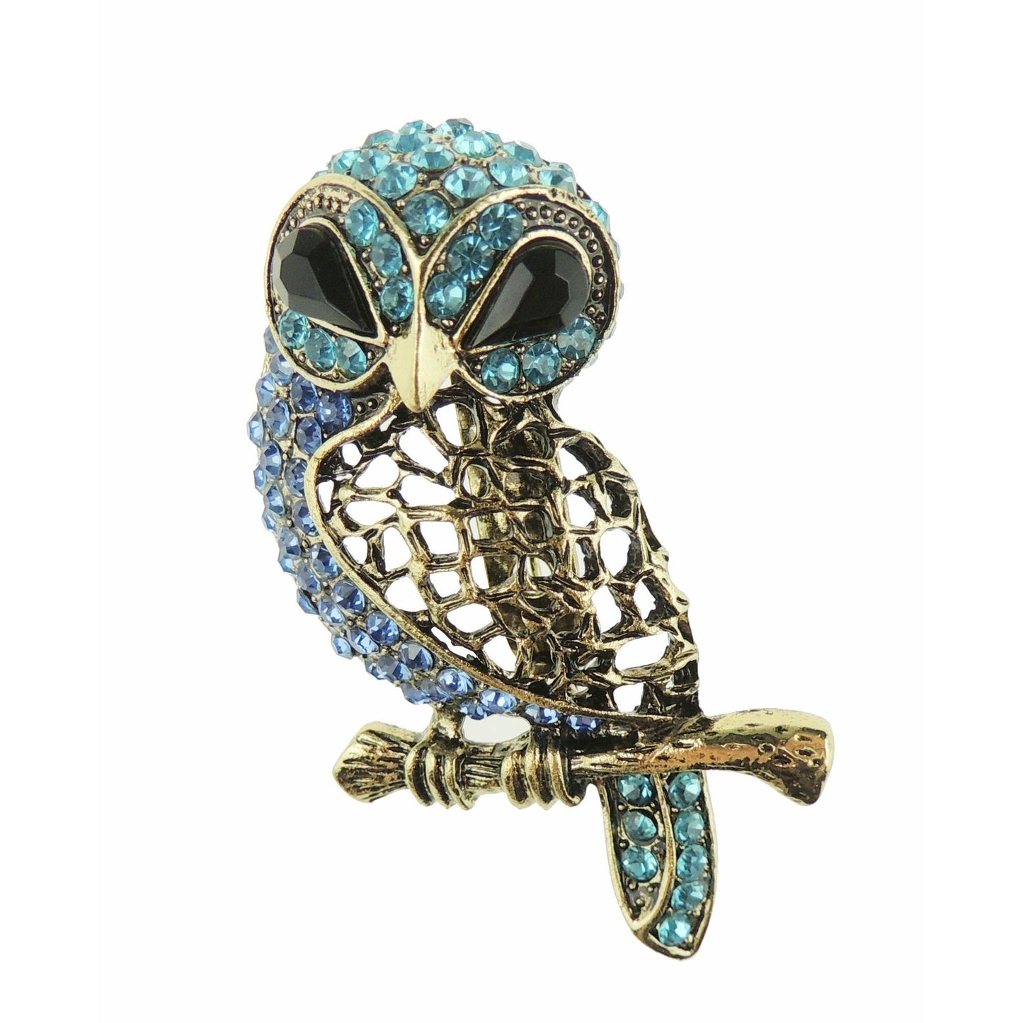 Womens Mens Gold Tone Antique Look Crystal Diamante Wedding Guest Christmas Birthday Gift Boxed Bird Wildlife Lover Fashion Badge Scarf Dress Lapel Brooch Pin Barn Tawny Owl Turquoise Royal Blue