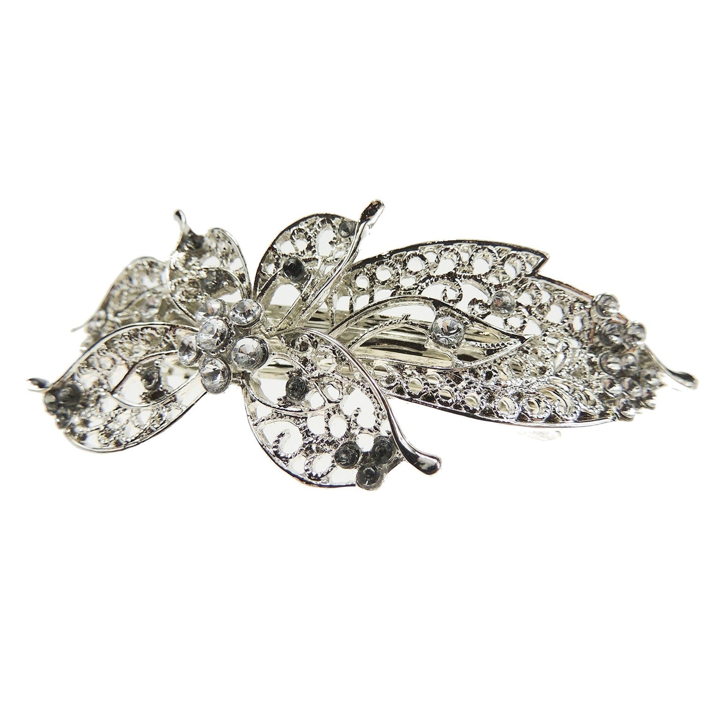 Womens Girls Diamante Crystal Stone Wedding Birthday Party Bridal Wedding Ponytail Fine Medium Hair Accessories Occasion Barrette Hairpin Grip French Spring Clip Vintage Look Silver Tone Metal Butterfly