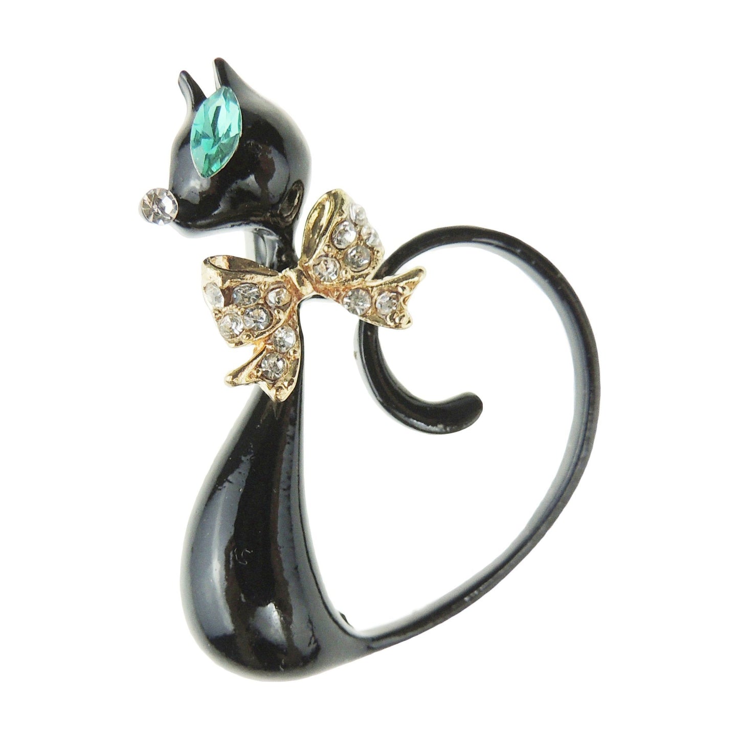 Formal Lapel Scarf Brooch Crystal Cat Tail Curled Up Enamel Green Eyes (Black)