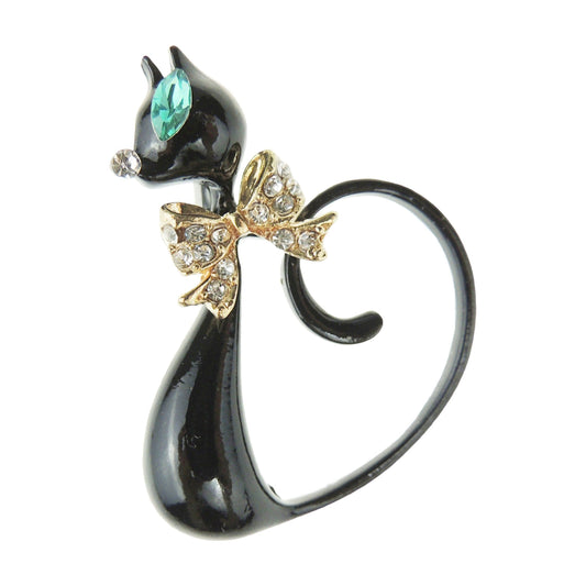 Formal Lapel Scarf Brooch Crystal Cat Tail Curled Up Enamel Green Eyes (Black)