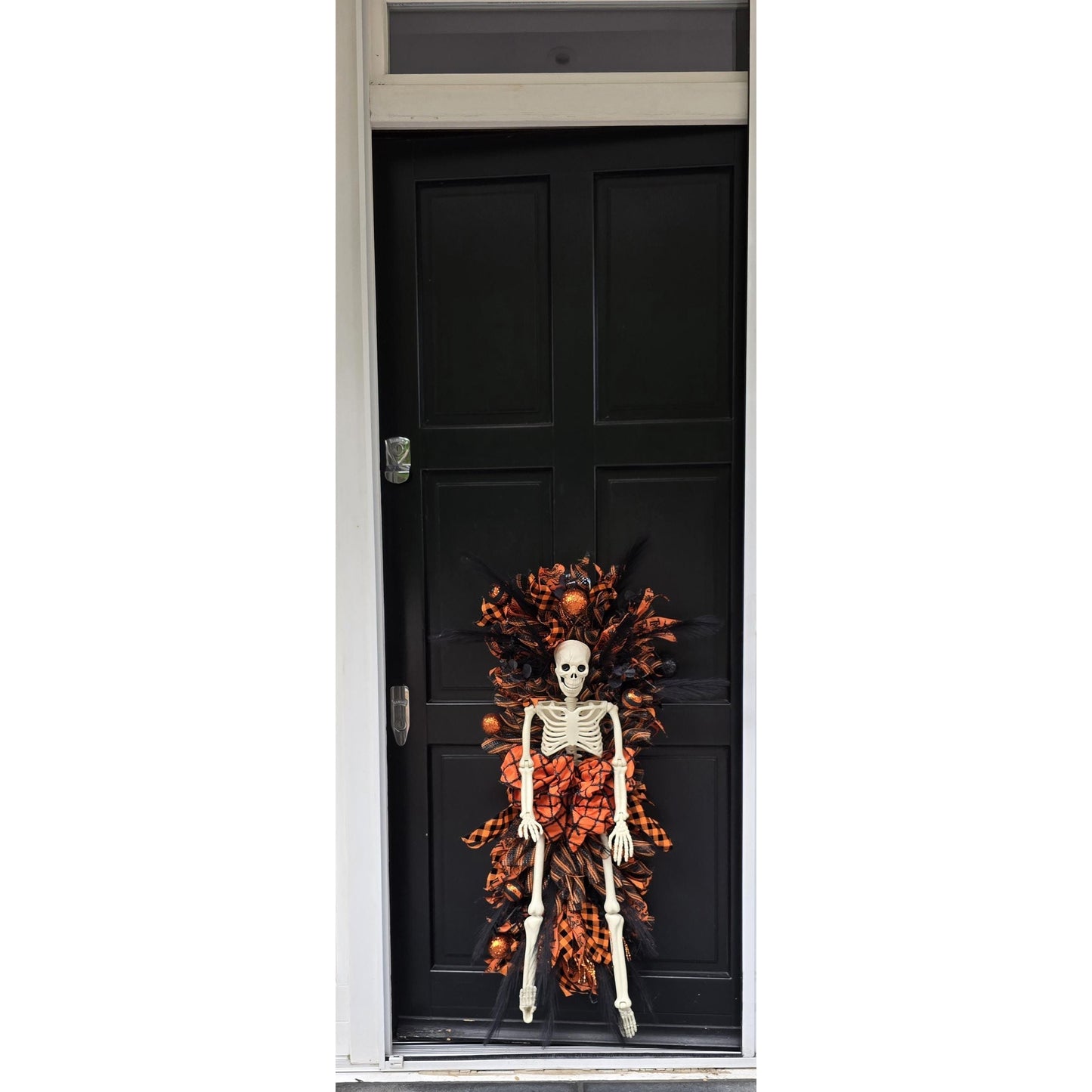 XXL Skeleton Orange Halloween Front Door Wreath Gothic Hanger Wall Porch Hanger Handmade House Home Decor Decorations Whimsical Skelly Glam