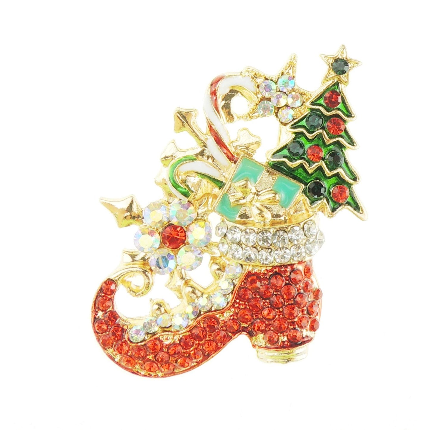 Sparkly Festive Christmas Season Jewelery Gift Coat Scarf Coat Jacket Shawl Scarf Diamante Rhinestone Crystal Brooch Badge Breastpin Corsage Pin Xmas Santa Boot Red Green Gift Boxed