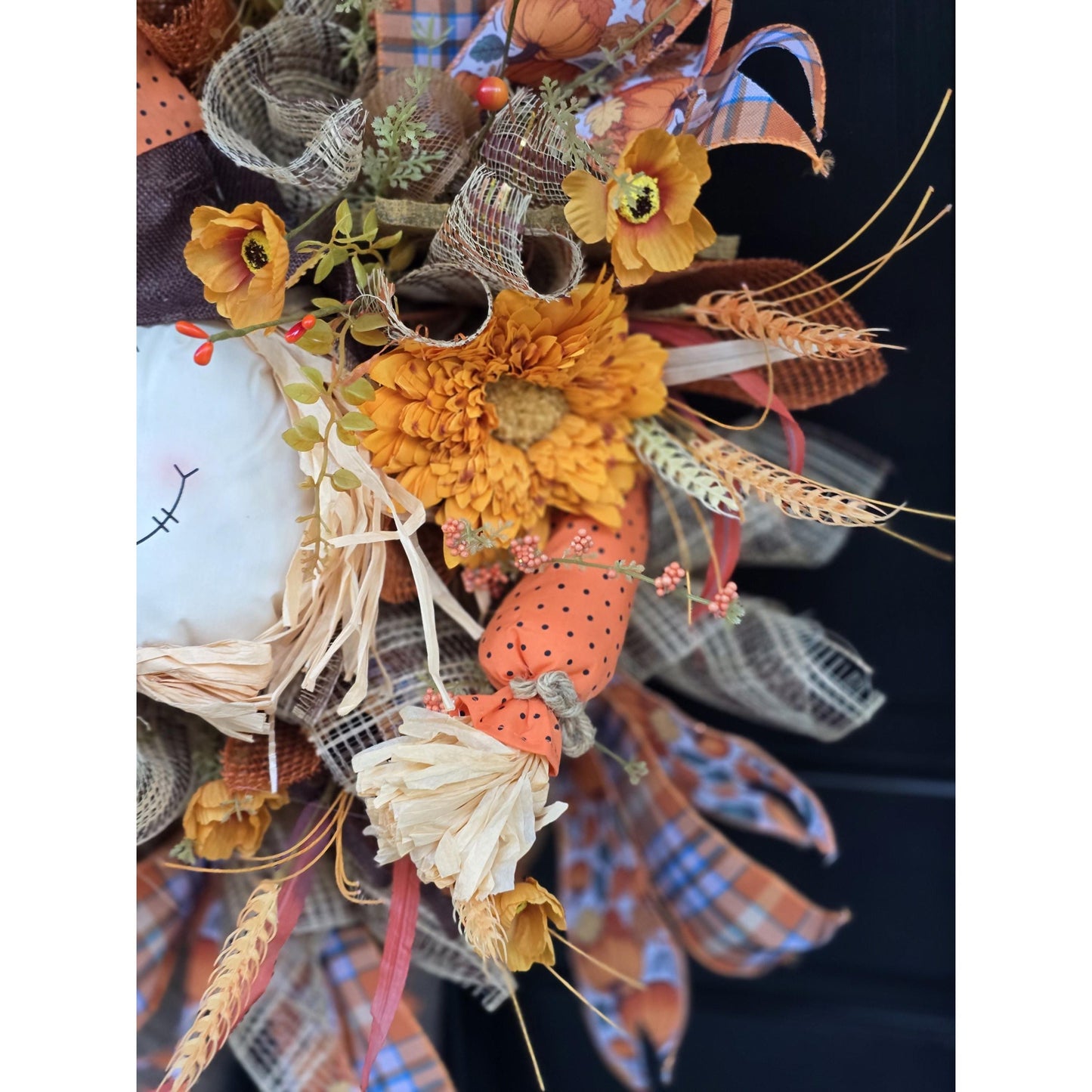 Large Autumn Fall Orange Scarecrow Harvest Front Door Wreath Luxury Rustic Wall Porch Hanger House Home Decor Decorations Thanksgiving Boho