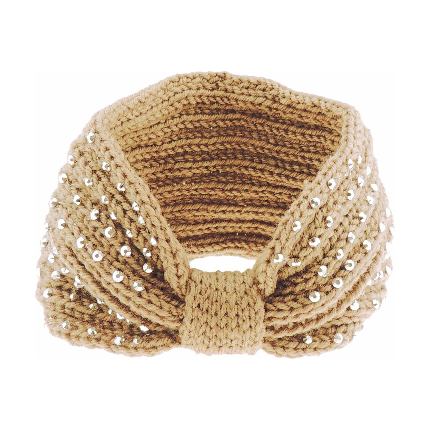 Womens Girls Sparkly Diamante Crystal Winter Woolen Warm Apres Ski Knit Knitted Crochet Fluffy Twist Turban Knotted Knot Earmuffs Ear Warmer Headwear Hairband Headband Headwrap Hat (Light Brown)