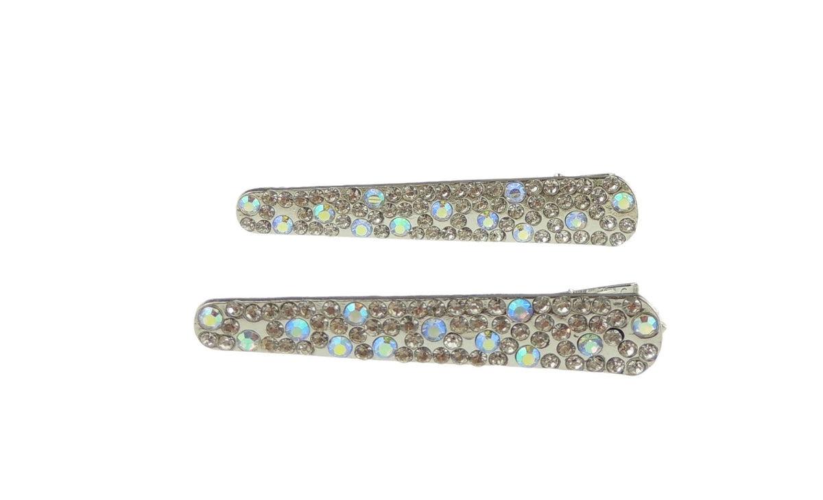 Womens Girls Sparkly Crystal Jeweled Diamante PartyChristmas Bridal Wedding Accessories Slides Hairpin Hair Clips Beak Concord Alligator Pins Set of 2 Silver Tone AB Clear