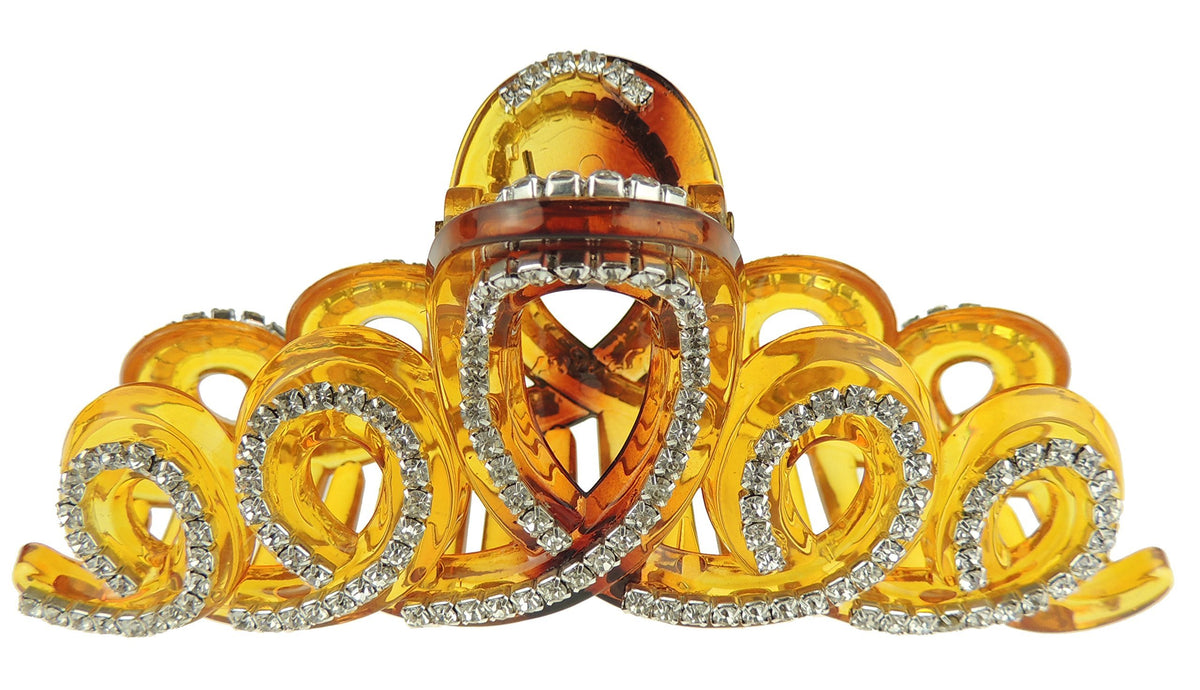 Sparkly Women Girls Thick Curly Long Hair X-Large Big Crystal Diamante Rhinestone Gems Bulldog Wave Jaw Clip Octopus Clamp Grip Bridal Wedding Party Styling Claw Butterfly Claw Swirly Doodles (Brown)