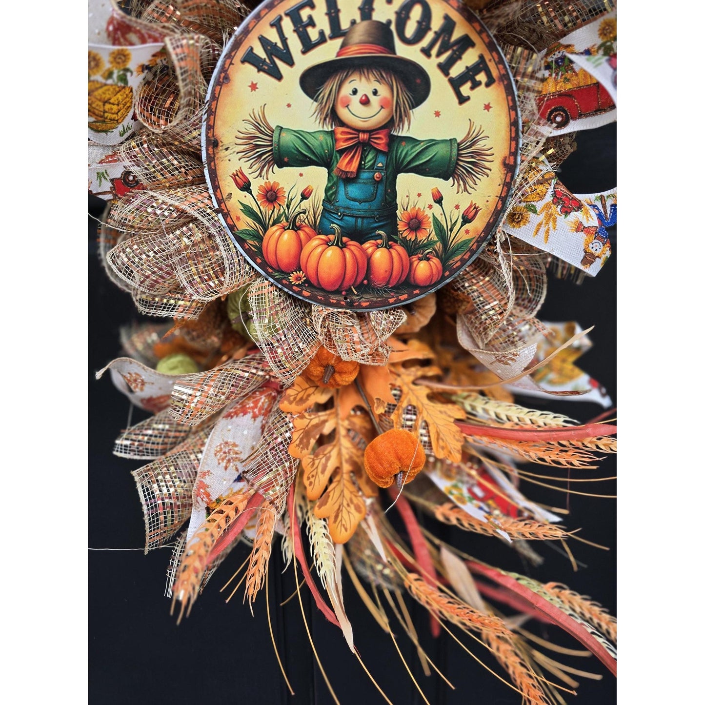 XL Autumn Fall Orange Scarecrow Harvest Front Door Wreath Luxury Rustic Wall Porch Hanger House Home Decor Decorations Thanksgiving Boho