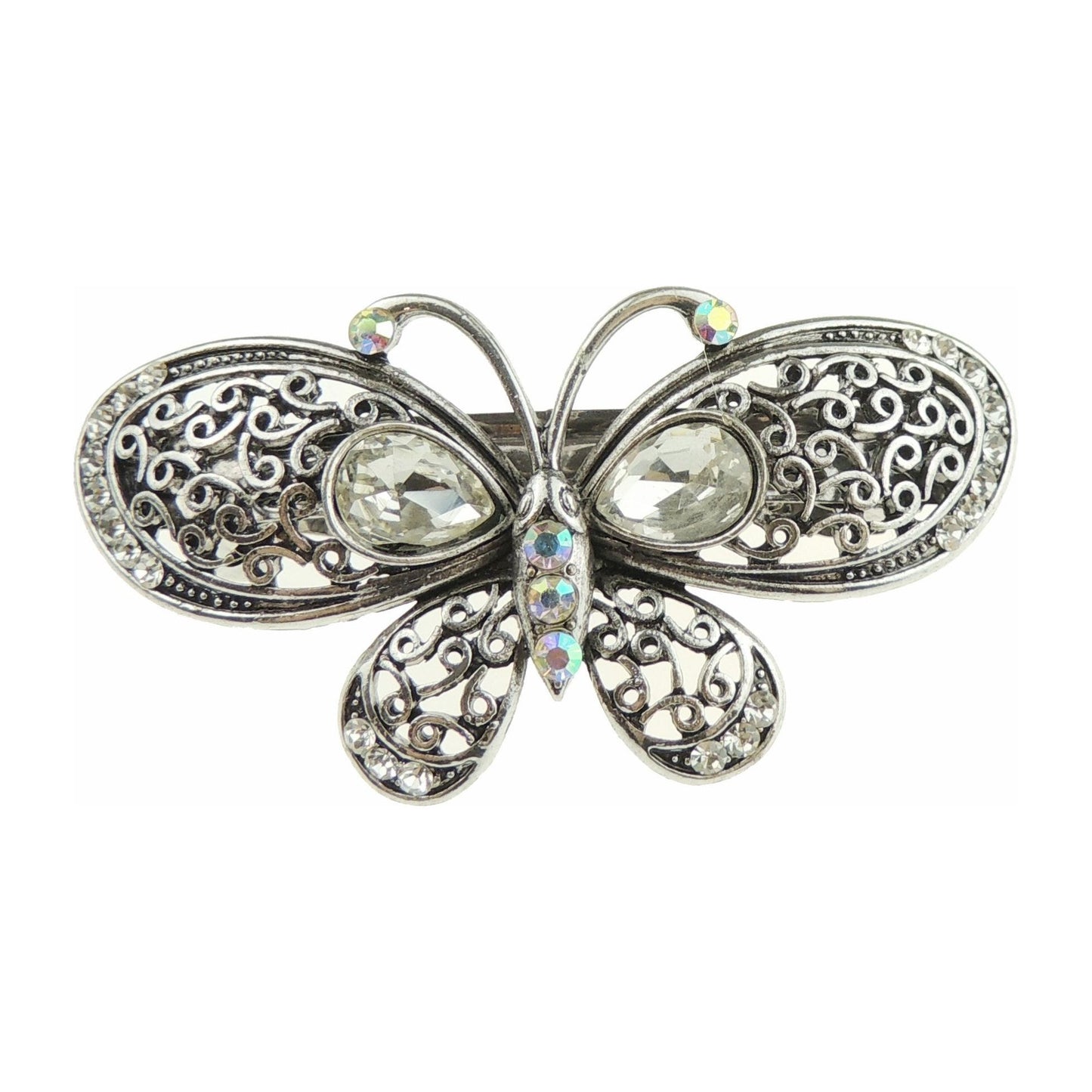 Womens Girls Vintage Look Crystal Rhinestone Diamante Wedding Birthday Party Evening Ponytail Fine Medium Hair Accessories Occasion Barrette Hairpin Silver Tone SMALL Metal French Spring Clip Butterfly