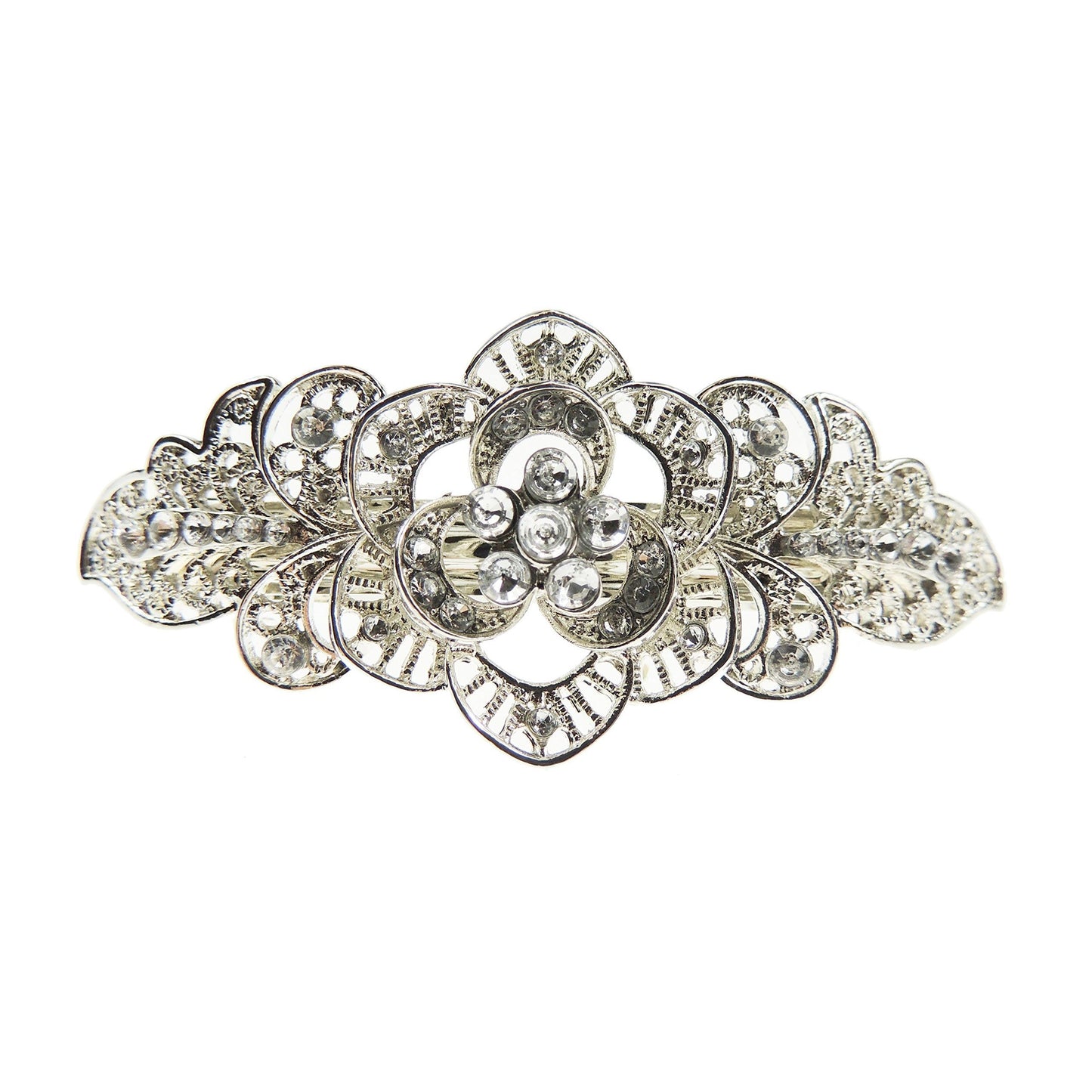 Womens Girls Diamante Crystal Stone Wedding Birthday Party Bridal Wedding Ponytail Fine Medium Hair Accessories Occasion Barrette Hairpin Grip French Spring Clip Vintage Look Silver Tone Metal Floral Rose