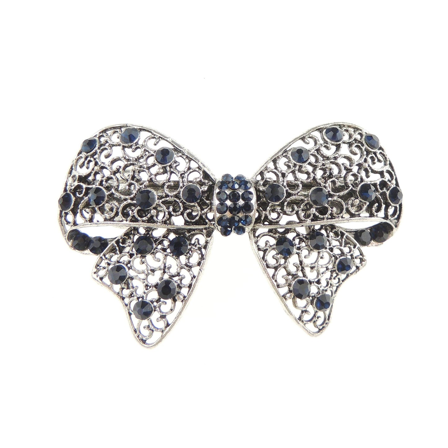 Womens Girls Vintage Look Crystal Rhinestone Diamante Wedding Birthday Party Evening Ponytail Fine Medium Hair Occasion Barrette Hairpin Silver Tone Metal French Spring Clip Ribbon Bow Dark Blue