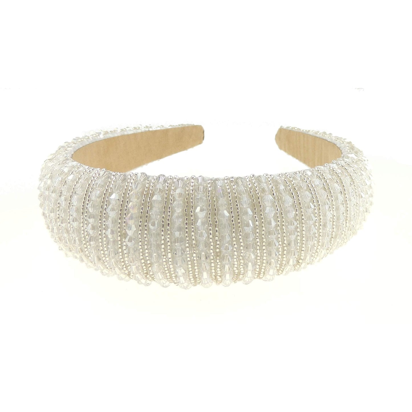 Womens Sparkly Beaded Rhinestone Embellished Jeweled Crystal Wide Thick Padded Evening Formal Occasion Christmas Birthday Wedding Bridal Party Headband Alice Band Hairband (White, One Size)