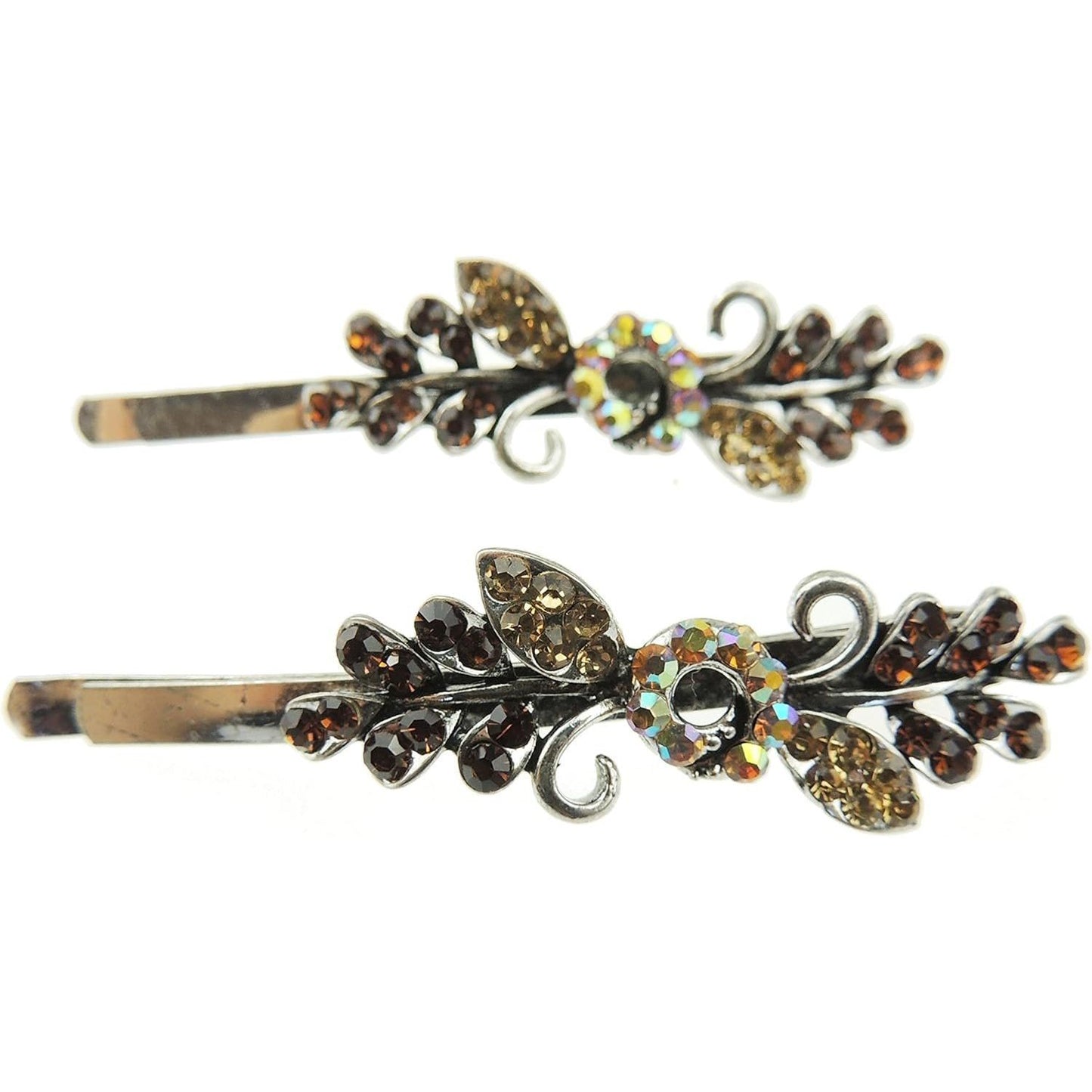 Womens Silver Tone Sparkly Bow Rhinestone Jeweled Crystal Diamante Party Birthday Christmas Bridal Wedding Slides Hairpin Hair Clips Grips Bobby Pins Set of 2 Flower Floral (Multi)