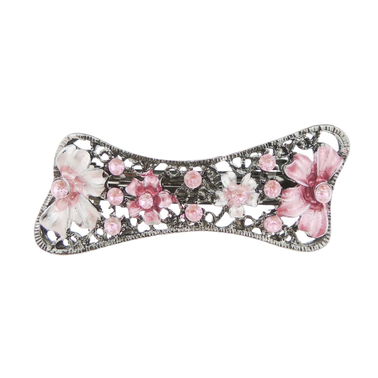 Womens Girls Crystal Rhinestone Diamante Wedding Birthday Party Evening Ponytail Fine Medium Hair Accessories Occasion Barrette Hairpin Grip French Spring Clip Vintage Look Silver Tone Floral Flower Enamel Bow
