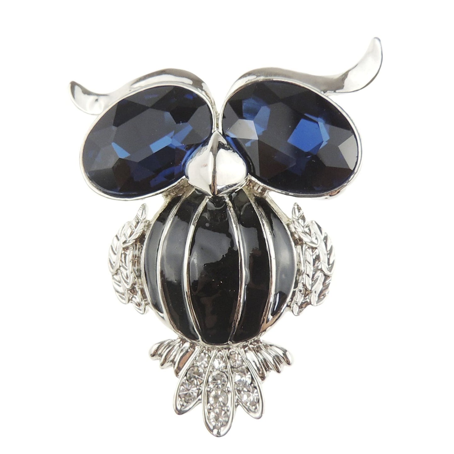 Ladies Mens Diamante Crystal Large Eyes Fat Owl Bird Brooch (Navy Silver Tone)
