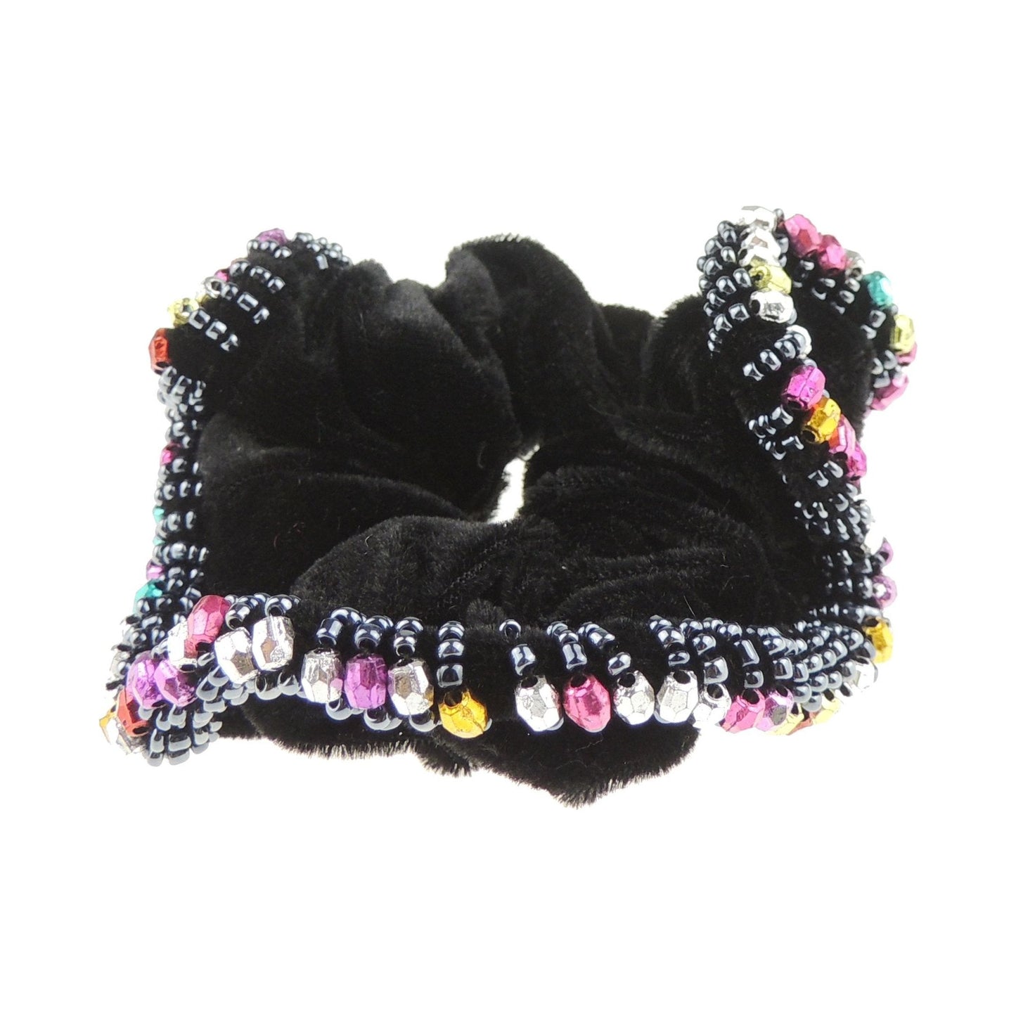 Ladies Girls Large Black Beaded Trim Velvet Evening Hair Elastic Tie Colour