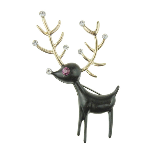 Sparkly Festive Christmas Jewelery Gift Coat Scarf Coat Shawl Diamante Rhinestone Crystal Brooch Badge Breastpin Corsage Pin Deer Stag Elk Buck Reindeer Antlers Boxed Matte Black Gold Tone
