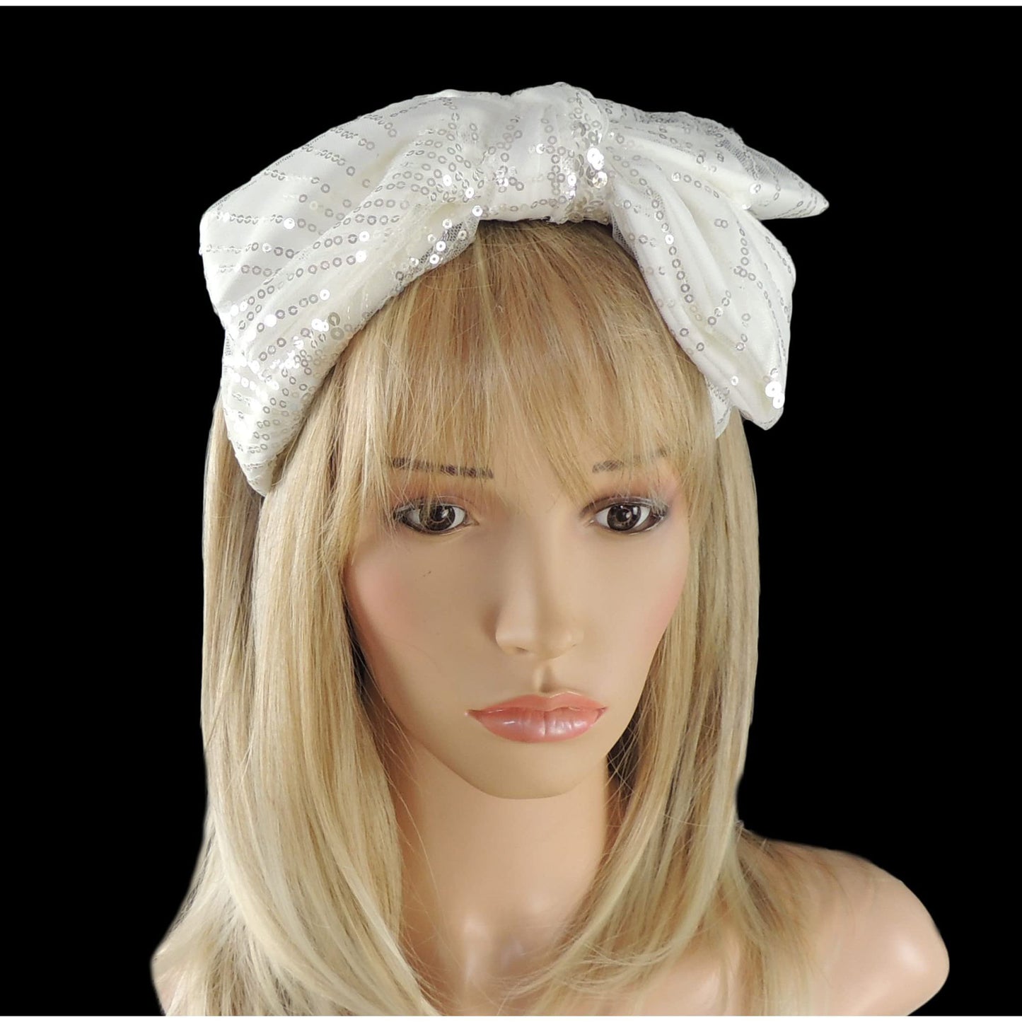 Ladies Sparkly Sequin Evening Party Big Full Bow Covered Headband Alice Band (White)
