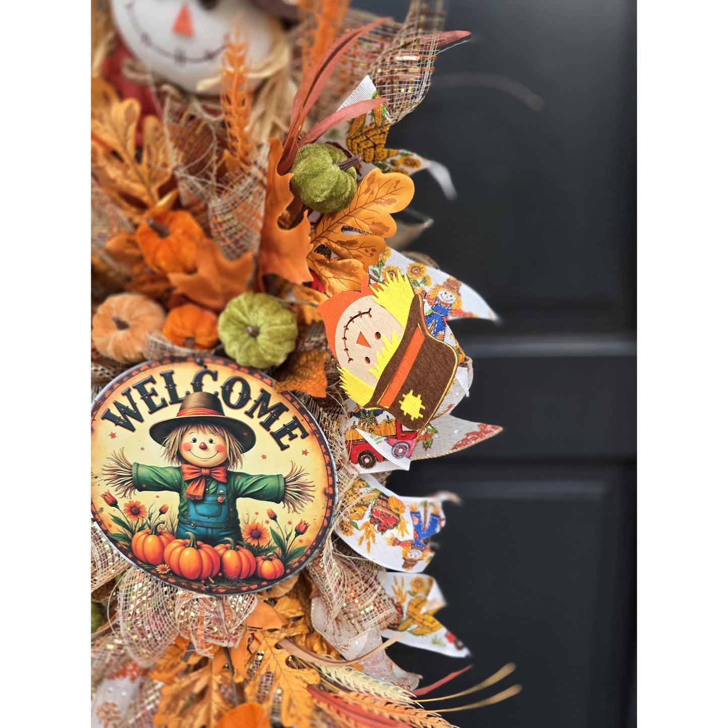 XL Autumn Fall Orange Scarecrow Harvest Front Door Wreath Luxury Rustic Wall Porch Hanger House Home Decor Decorations Thanksgiving Boho