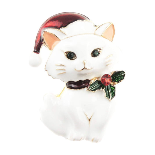 Sparkly Festive Christmas Season Gift Coat Scarf Coat Jacket Shawl Scarf Diamante Rhinestone Crystal Brooch Badge Breastpin Corsage Pin White Black Kitty Cat Lover Santa Hat
