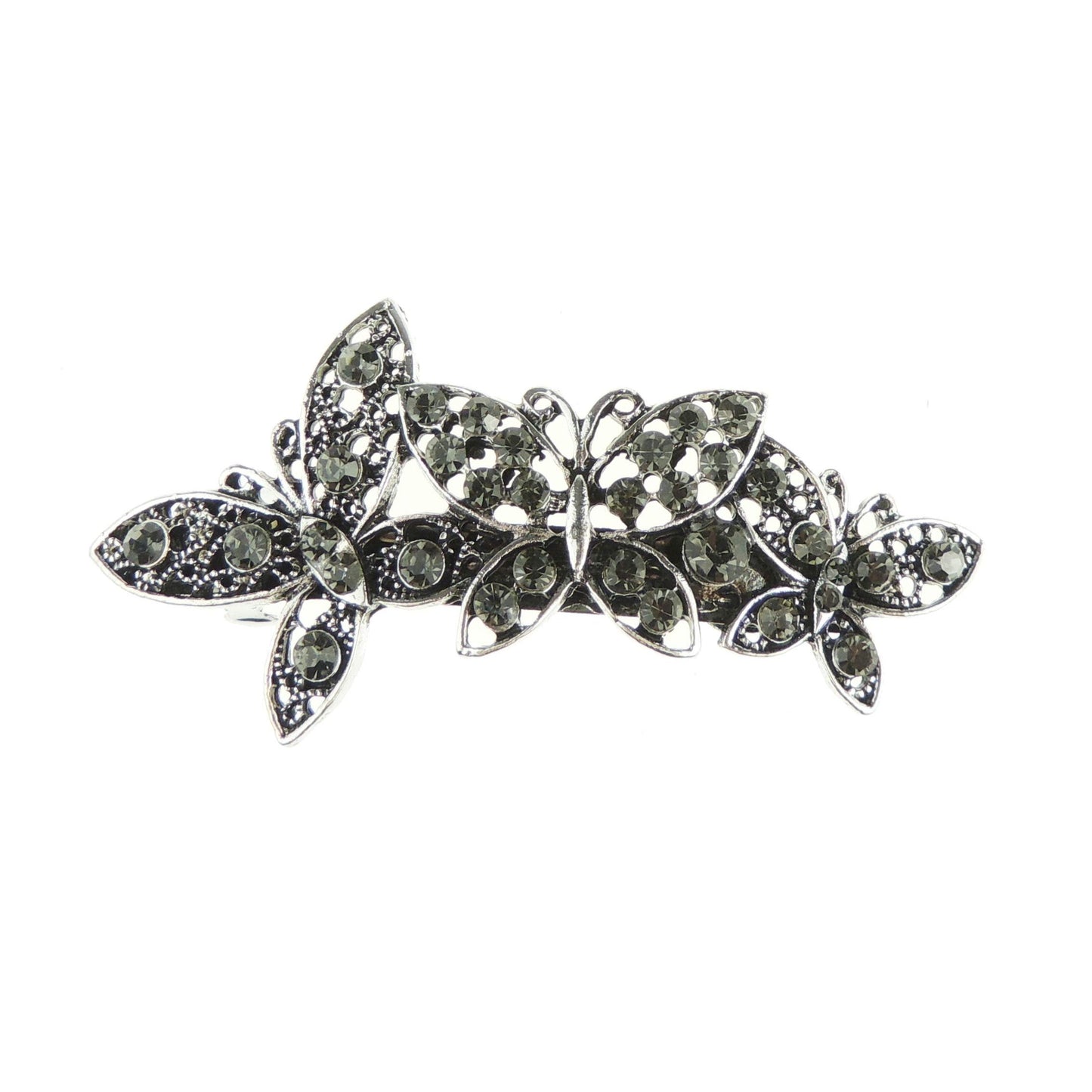 Vintage Look Womens Girls Crystal Rhinestone Diamante Wedding Bridal Party Evening Ponytail Fine Hair Accessories Occasion Barrette Hairpin Grip French Metal Spring Clip (Silver Dark Grey)