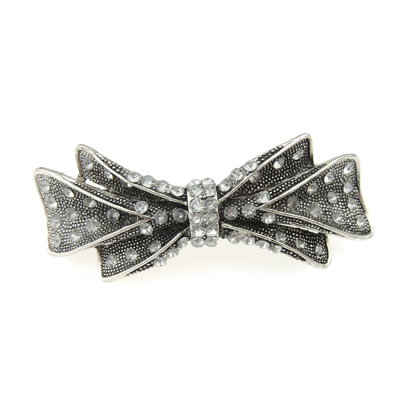 Womens Girls Vintage Look Crystal Rhinestone Diamante Wedding Birthday Party Evening Ponytail Fine Medium Hair Accessories Occasion Barrette Hairpin Silver Tone Metal French Spring Clip Bow