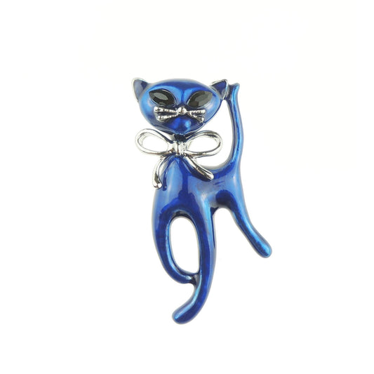 Cute Womens Wedding Christmas Birthday Gift Coat Scarf Coat Jacket Shawl Mother Groom Bride Diamante Crystal Brooch Badge Breastpin Corsage Pin Enamel Bow Panther Cat Kitten Kitty (Blue)