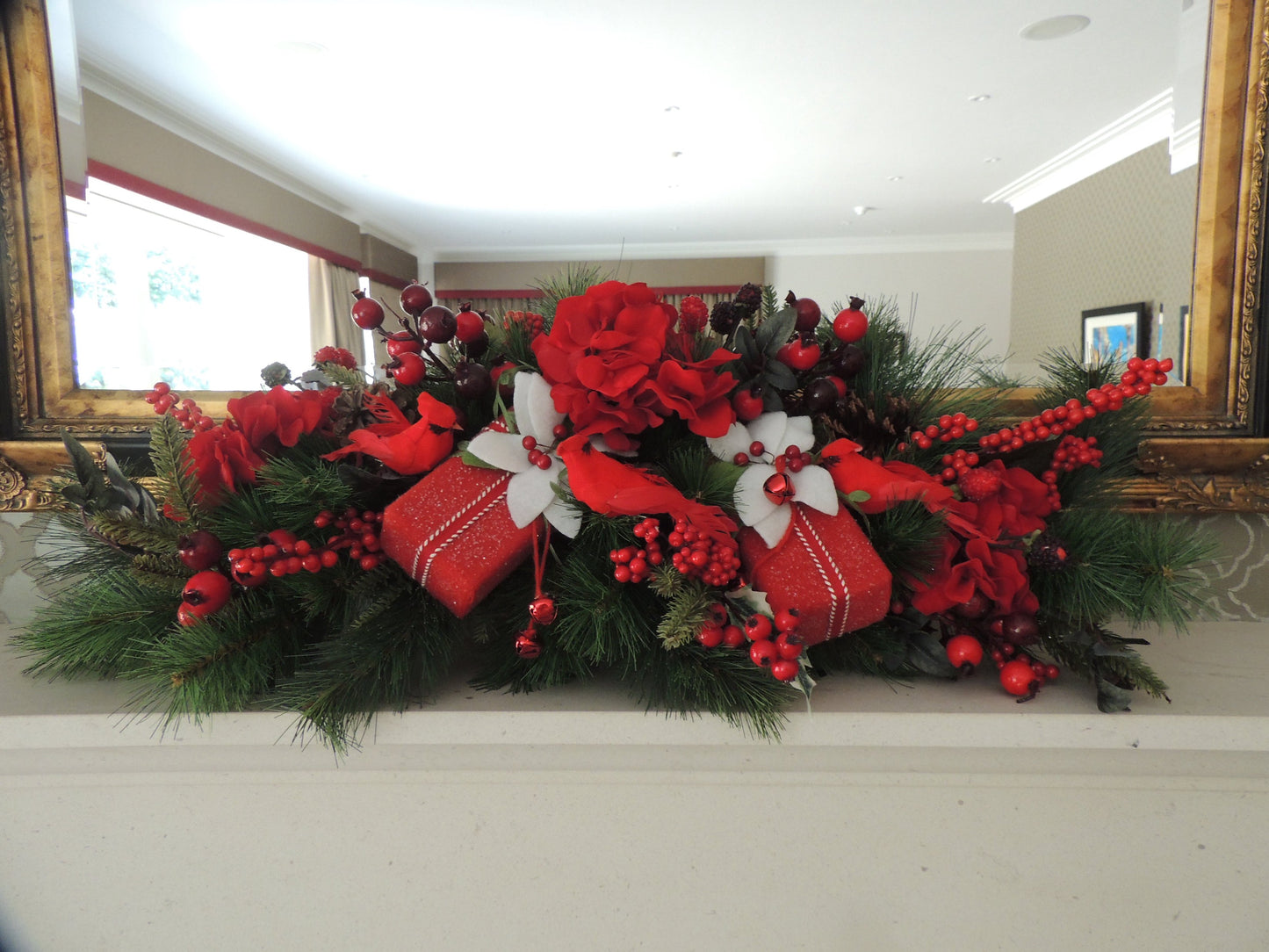 Traditional Red & Green Christmas Mantel Swag | Pine Fireplace & Over Door Decor | 80cm (31.5")