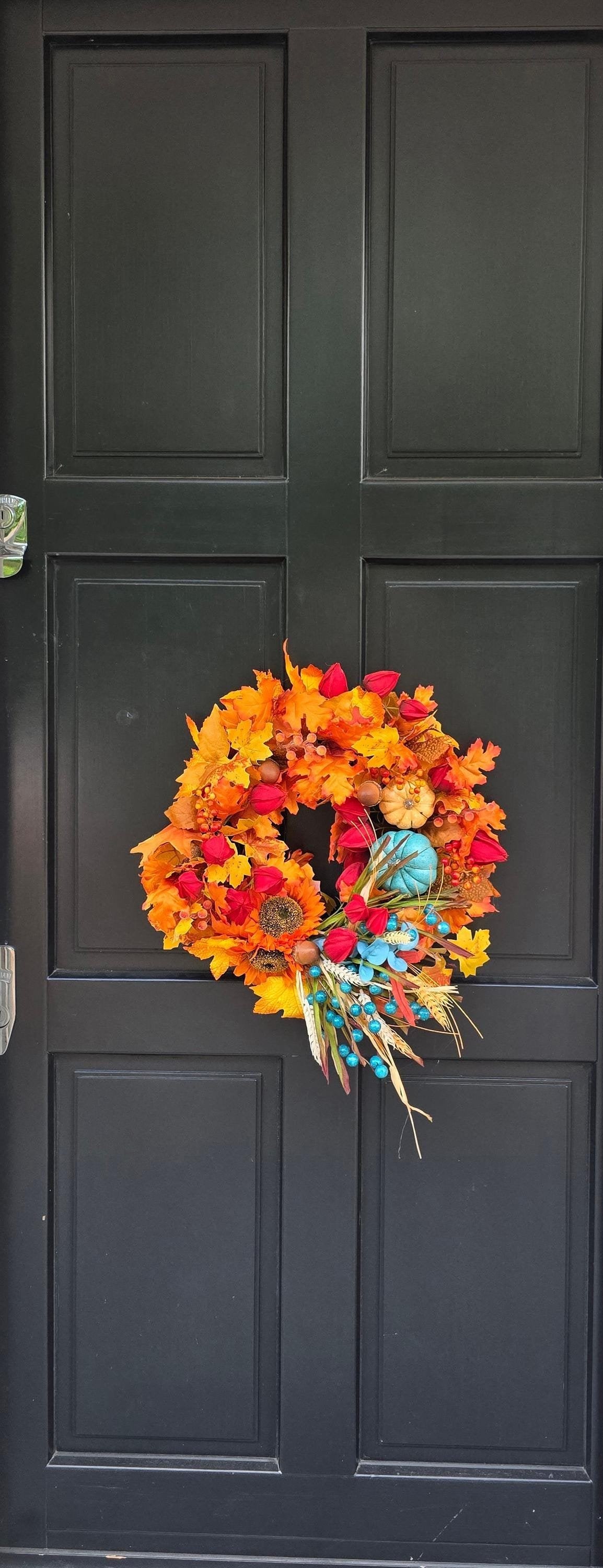 Teal Pumpkin Autumn Wreath | Colourful Harvest Grapevine Front Door Wreath | 40cm (16")