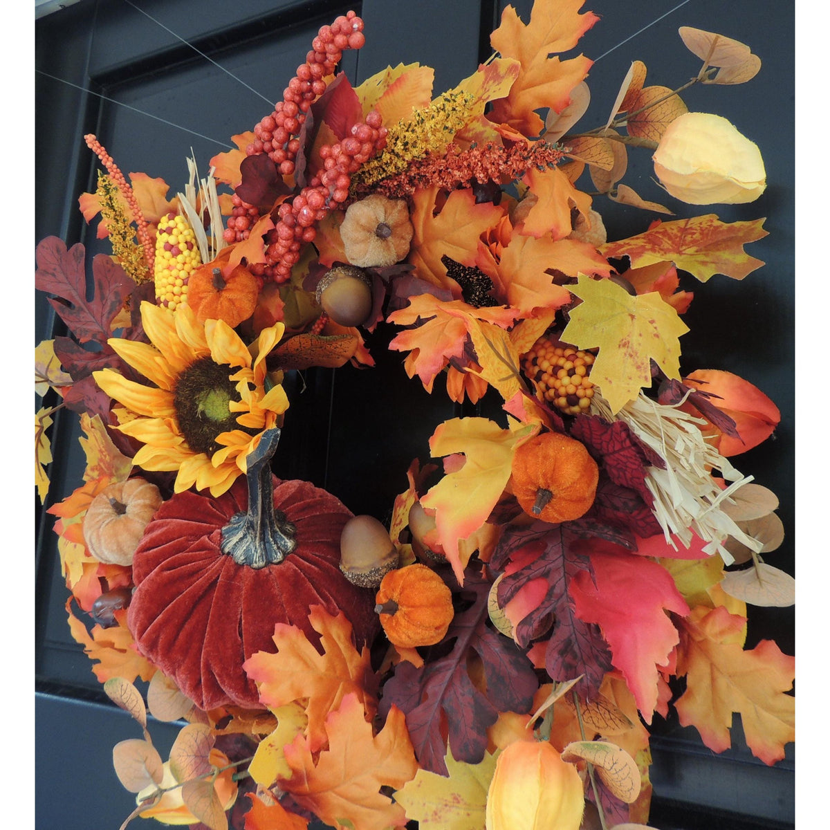 20" Large Velvet Pumpkin Wreath, Autumn Fall Front Door Wreath, Sunflower Harvest Decor, Rustic Thanksgiving Farmhouse Wreath