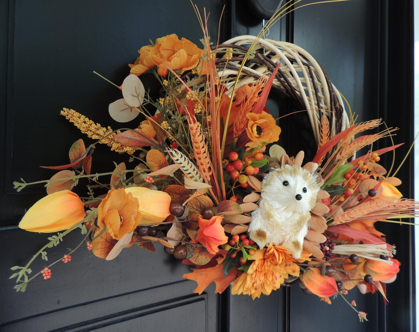 Orange Autumn Pumpkin Door Wreath, Green Fall Swag, Luxury Autumn Front Door Decor,Thanksgiving Wreath, Glam Fall Door Hanger,Harvest Wreath