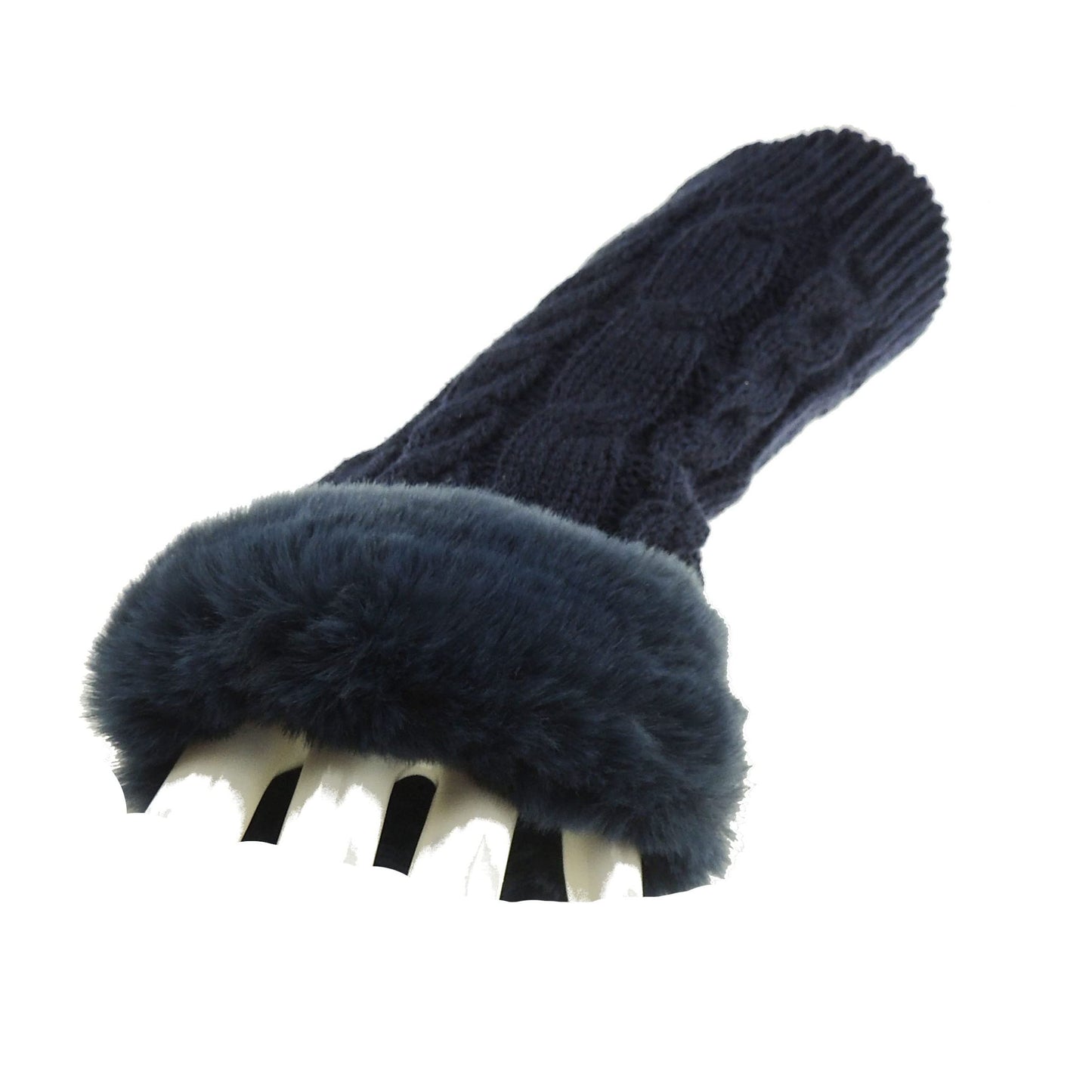 Glamour Girlz Womens Girls Faux Fur Cable Knitted Knit Thermal Fleece Warm Winter Outdoor Hiking Cold Weather Driving Cycling Christmas Birthday Hand Warmers Fingerless Half Gloves Mitts Mittens
