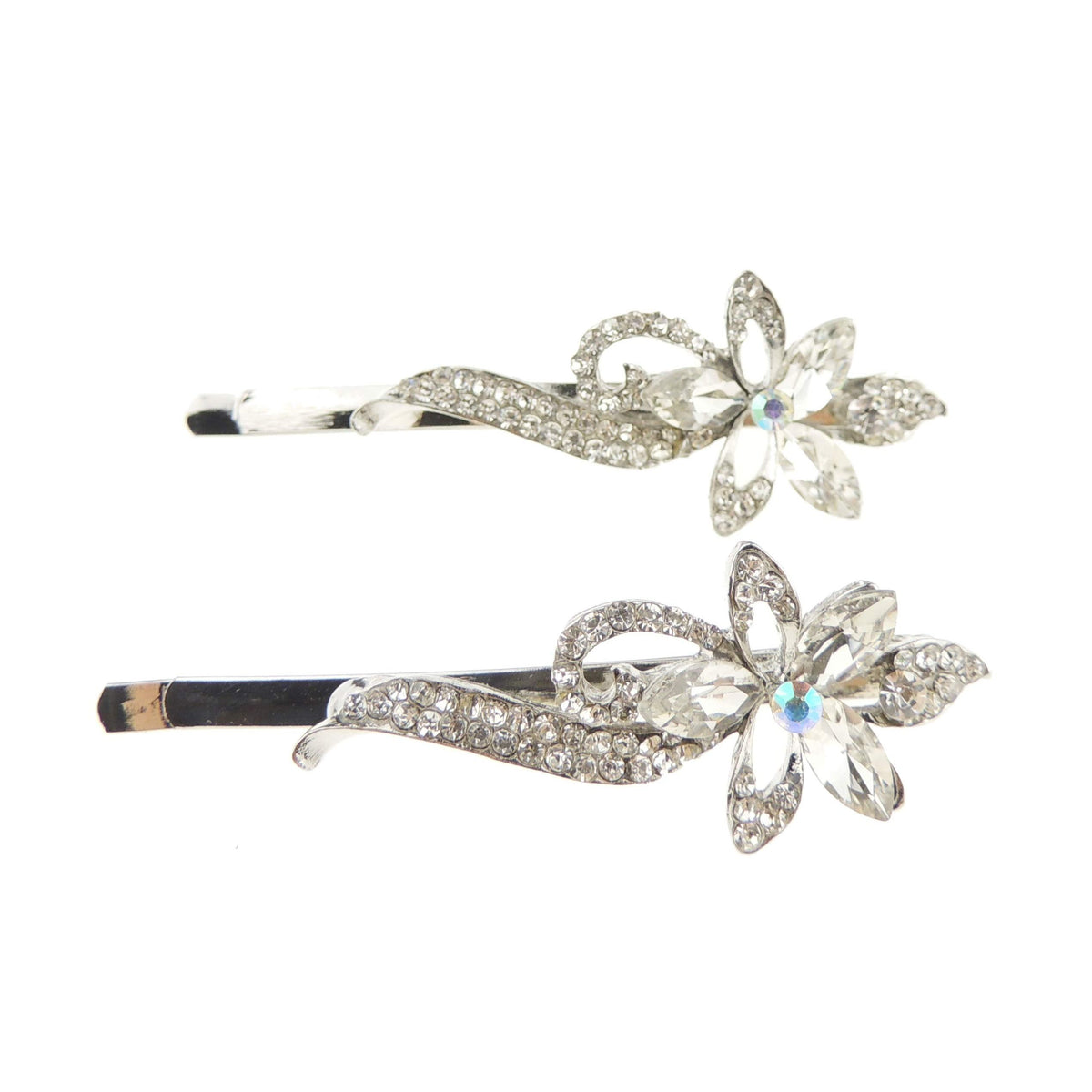 Womens Girls Sparkly Bow Rhinestone Jeweled Crystal Diamante Party Christmas Bridal Wedding Accessories Slides Hairpin Hair Clips Grips Bobby Pins SIlver Tone Set of 2 Dahlia Flower Swirls Waves