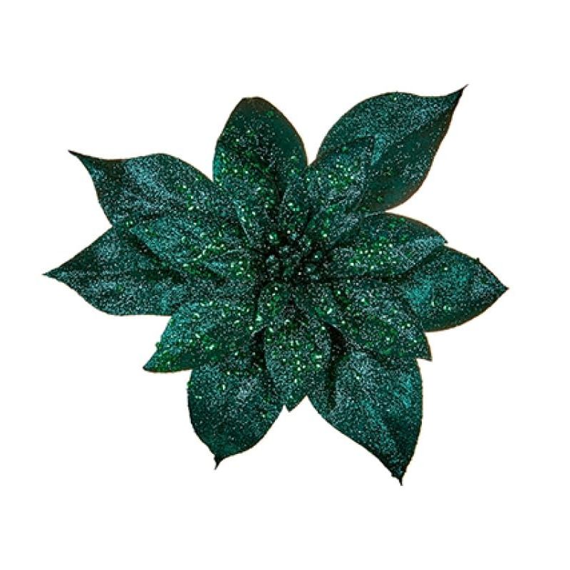Glamour Girlz Set of 3 Sparkly Glitter Green Poinsettia Flower Christmas Tree Floral Pick Ornament Xmas Decor Garland Wreath Decoration