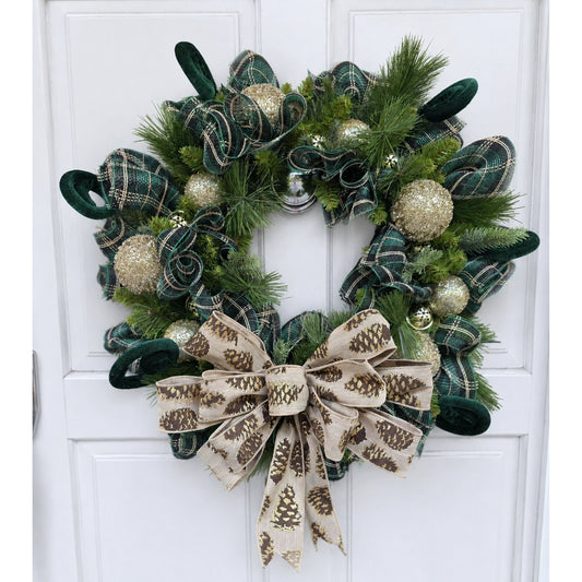 Luxury Gold & Green Christmas Wreath | Long Needle Pine Front Door Wreath | 60cm (24")